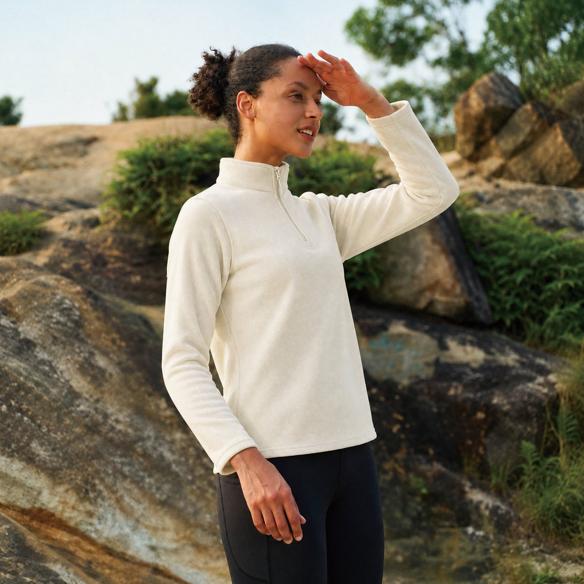 Beige MAGCOMSEN Women's 1/4 Zip Fleece Pullover - Stretchy & Warm in #Color_Beige