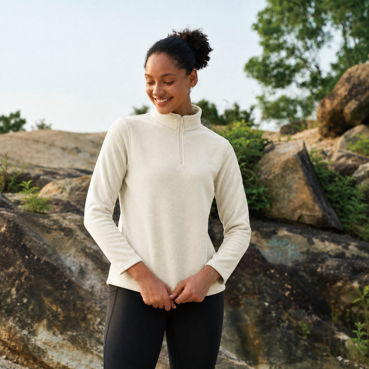 Beige MAGCOMSEN Women's 1/4 Zip Fleece Pullover - Stretchy & Warm in #Color_Beige