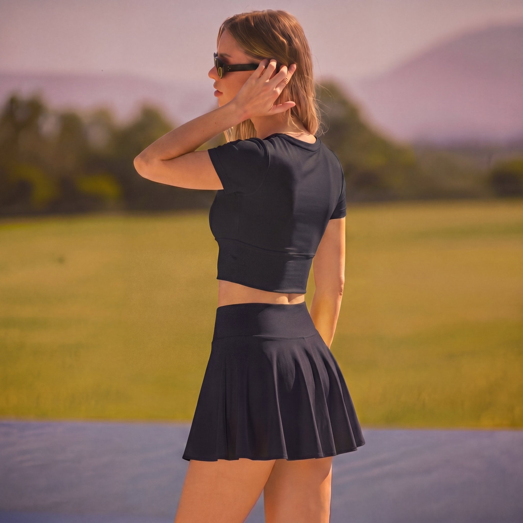 Women's 2 Piece Tennis Set - Slim Fit Crop Top & High Waisted Skort Black by MAGCOMSEN