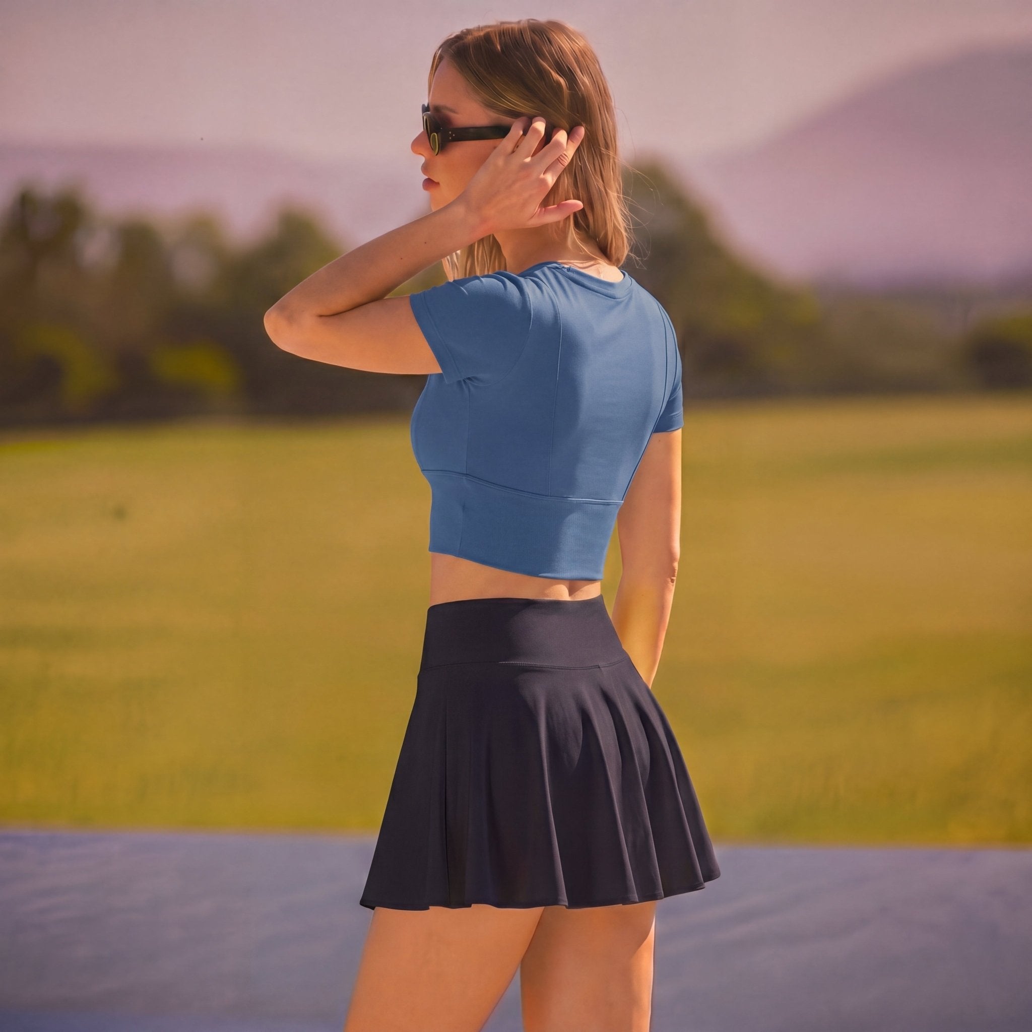 Women's 2 Piece Tennis Set - Slim Fit Crop Top & High Waisted Skort Haze Blue & Black by MAGCOMSEN