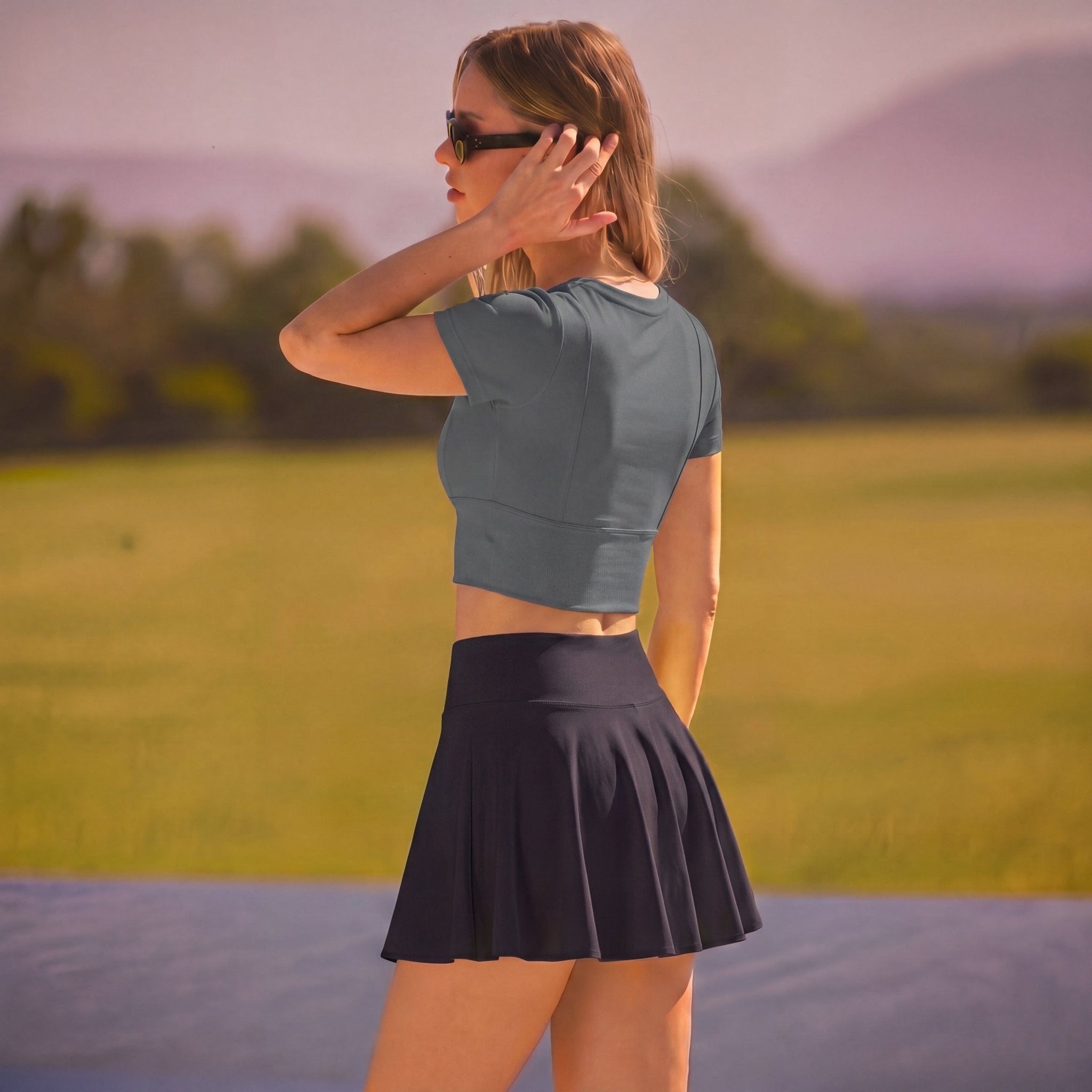 Women's 2 Piece Tennis Set - Slim Fit Crop Top & High Waisted Skort Gray & Black by MAGCOMSEN