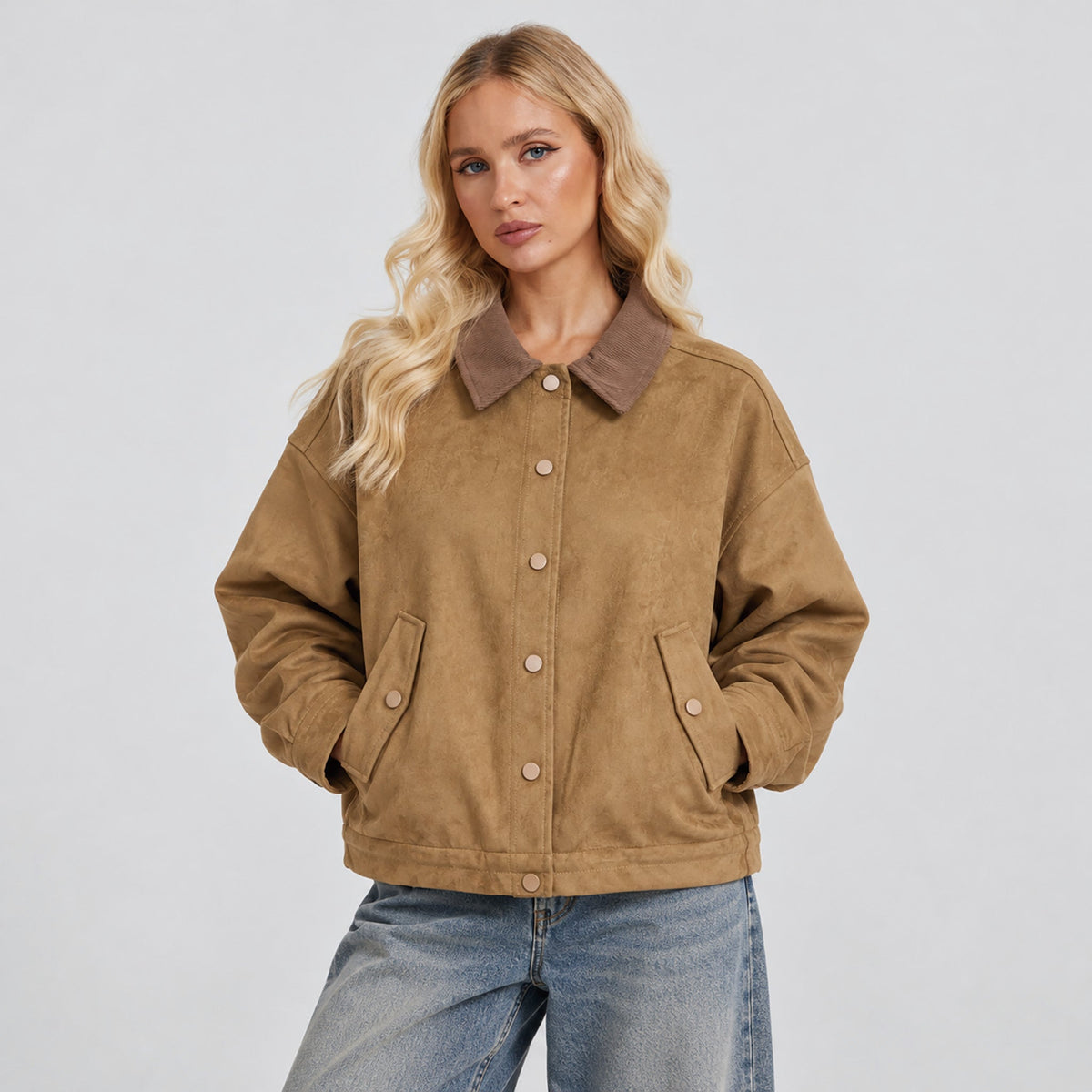 Brown MAGCOMSEN Women's Brown Suede Jacket Corduroy Collar Cropped Casual Outerwear in #Color_Brown