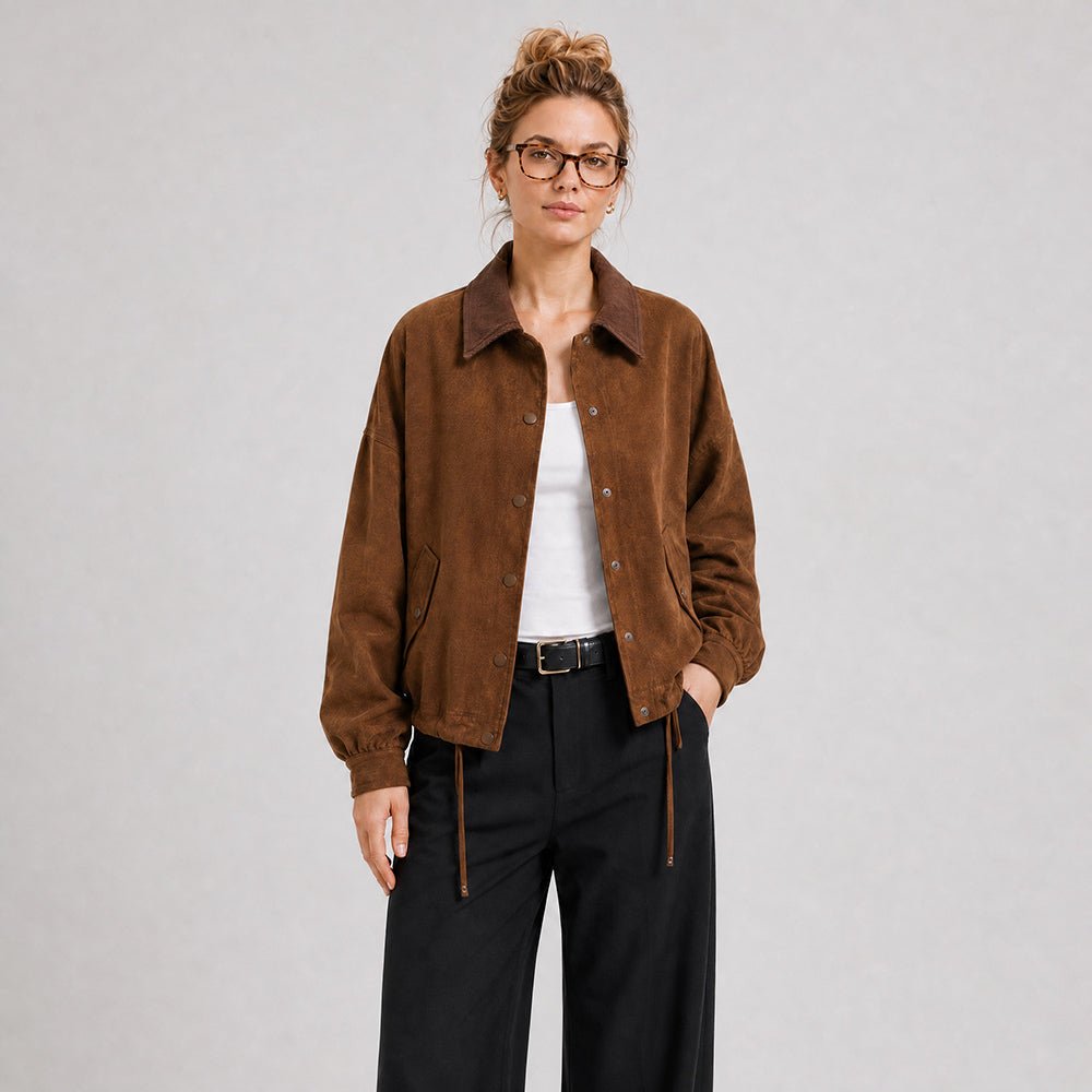 Women's Brown Suede Jacket Corduroy Collar Cropped Casual Outerwear Brown by MAGCOMSEN