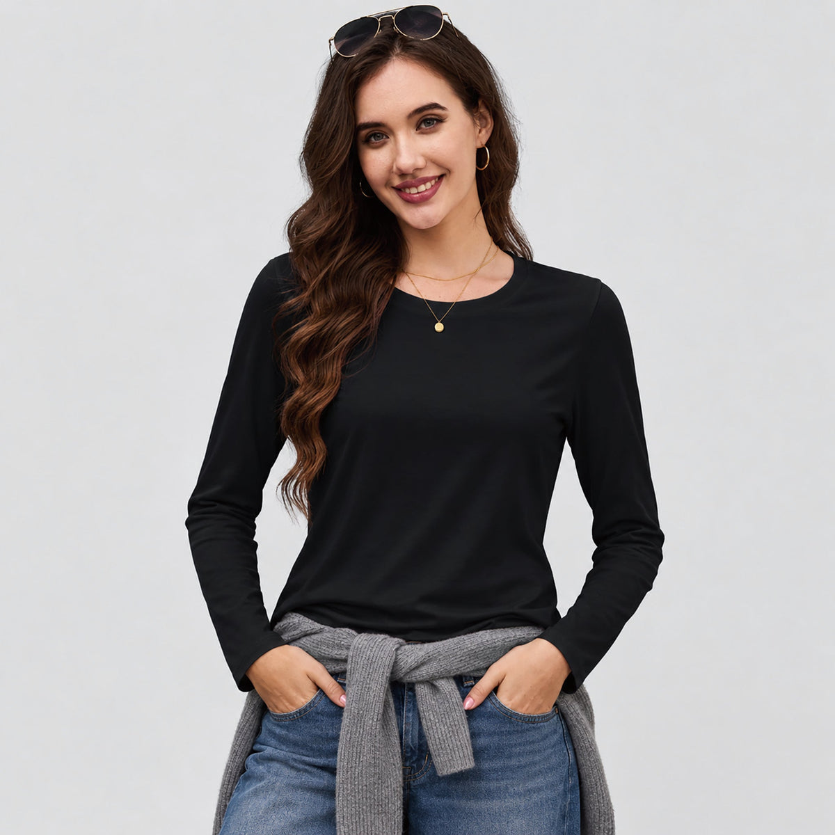 Black MAGCOMSEN Women's Cotton Long Sleeve Crew Neck T Shirt Soft Casual Basic Tee in #Color_Black