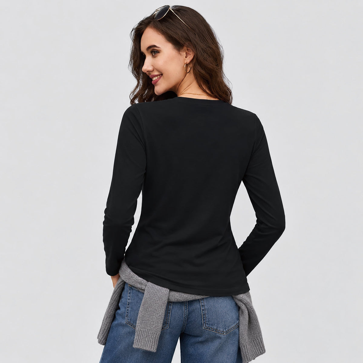 Black MAGCOMSEN Women's Cotton Long Sleeve Crew Neck T Shirt Soft Casual Basic Tee in #Color_Black
