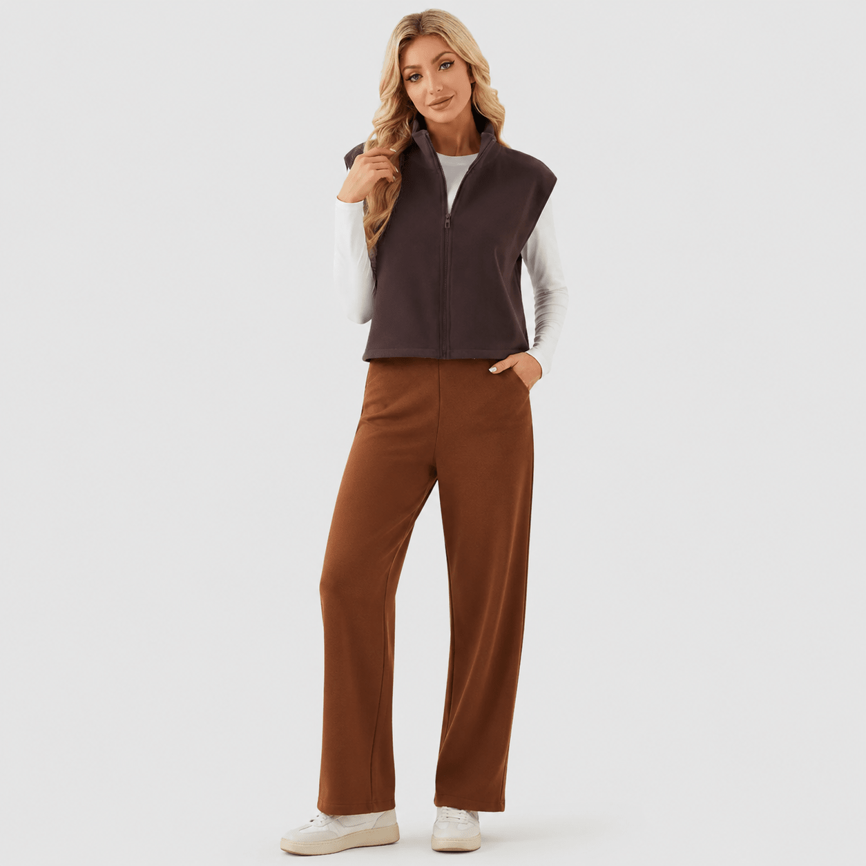 Women's Cozy Fleece Vest - Sleeveless Layering Jacket Brown by MAGCOMSEN