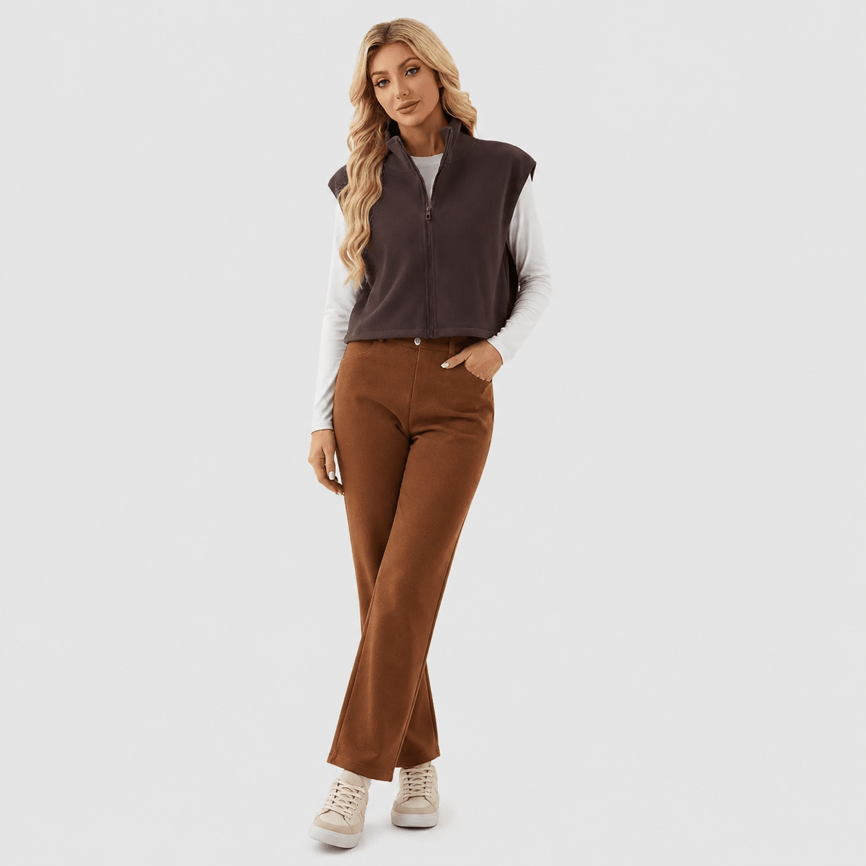 Women's Cozy Fleece Vest - Sleeveless Layering Jacket Brown by MAGCOMSEN