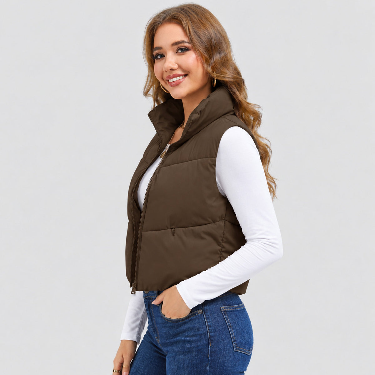 Dark Brown MAGCOMSEN Women's Cropped Puffer Vest Lightweight Winter Outerwear in #Color_Dark Brown