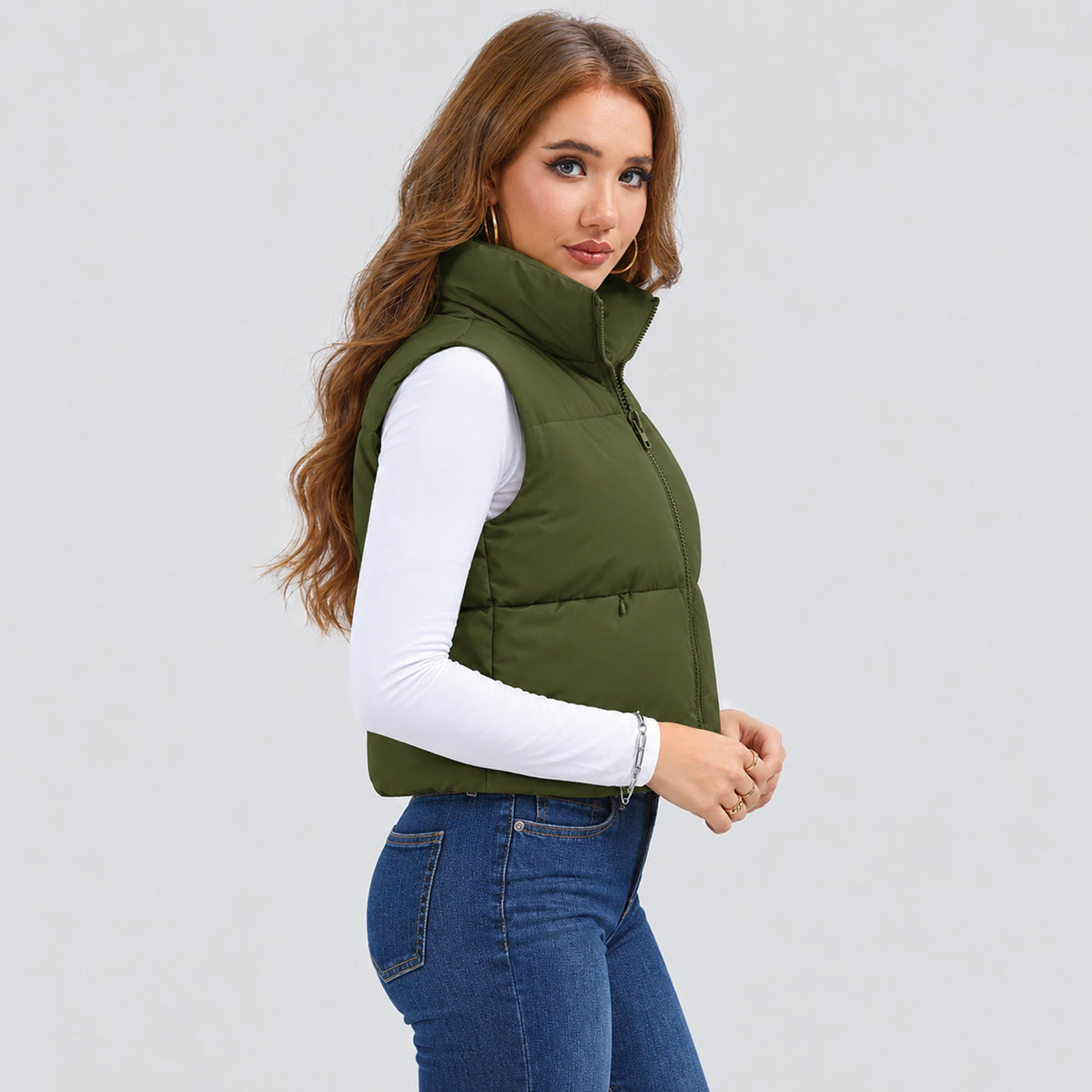 Olive Green MAGCOMSEN Women's Cropped Puffer Vest Lightweight Winter Outerwear in #Color_Olive Green