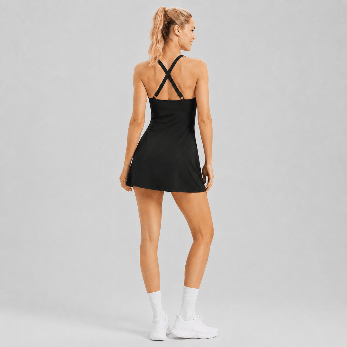Women's Cross Back Tennis Dress with Built-in Shorts - Lightweight Athletic Mini Dress for Golf, Tennis & Everyday Wear Black by MAGCOMSEN