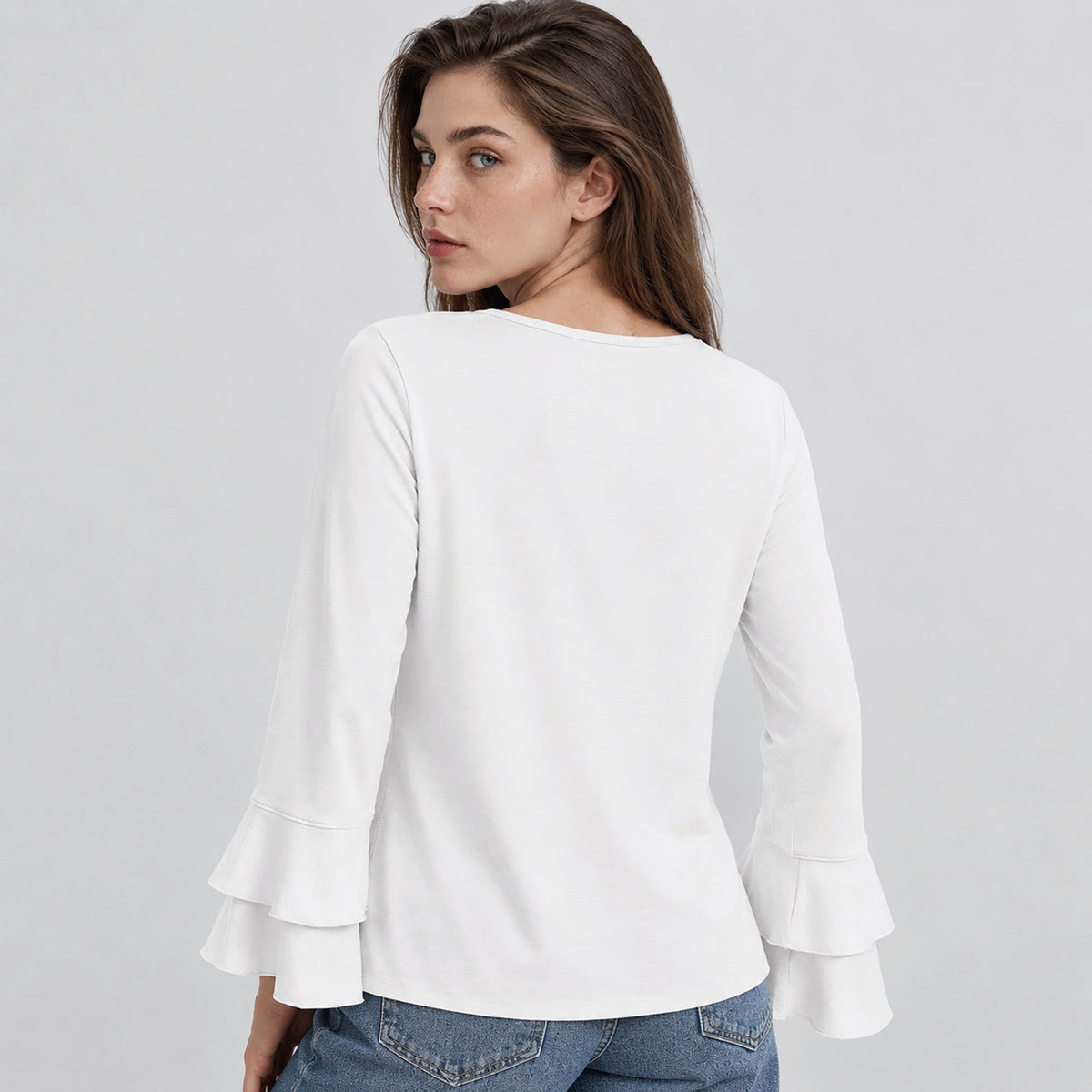 Women's Double Ruffle Bell Sleeve Tunic Top Pleated Flowy Blouse White by MAGCOMSEN