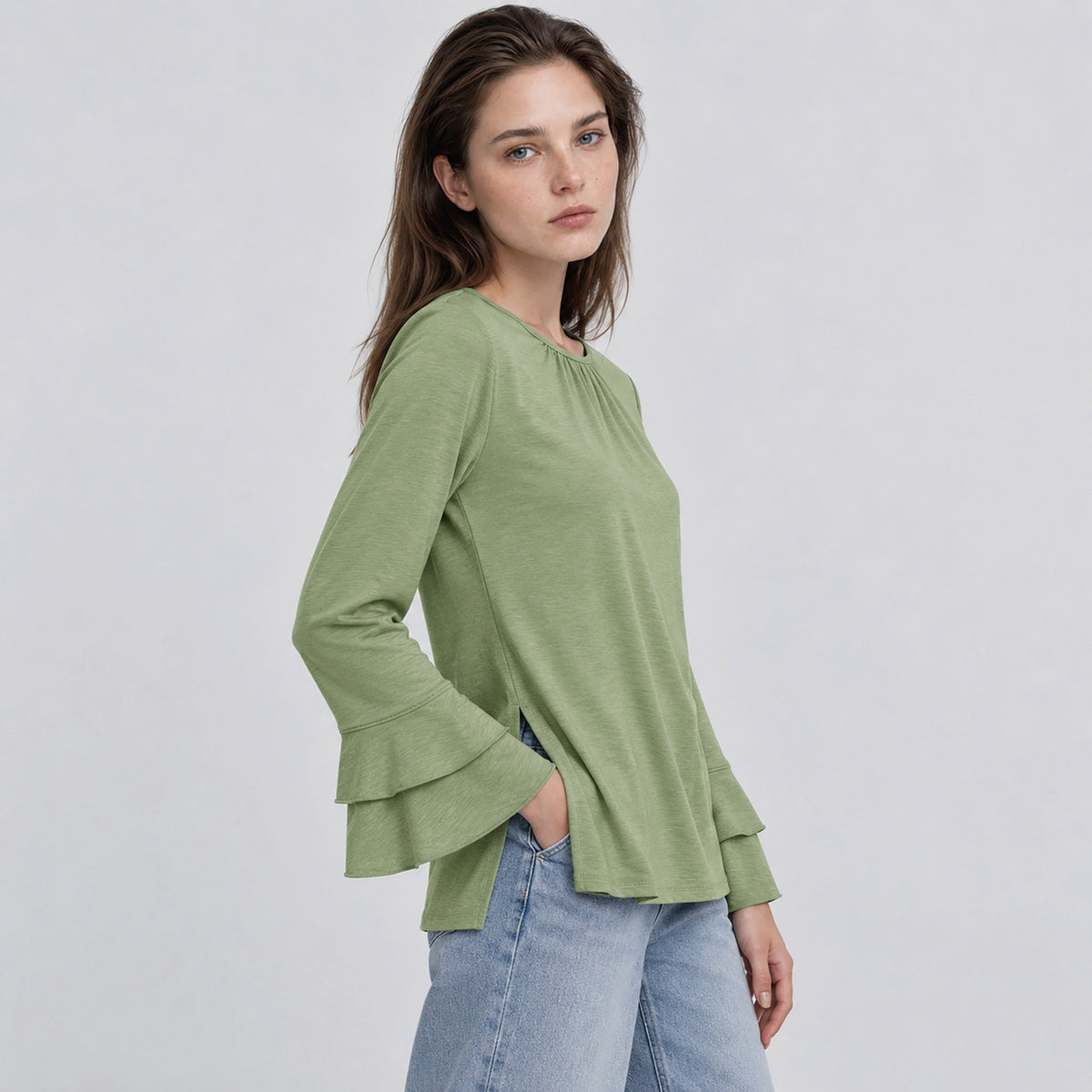 Women's Double Ruffle Bell Sleeve Tunic Top Pleated Flowy Blouse Peagreen by MAGCOMSEN