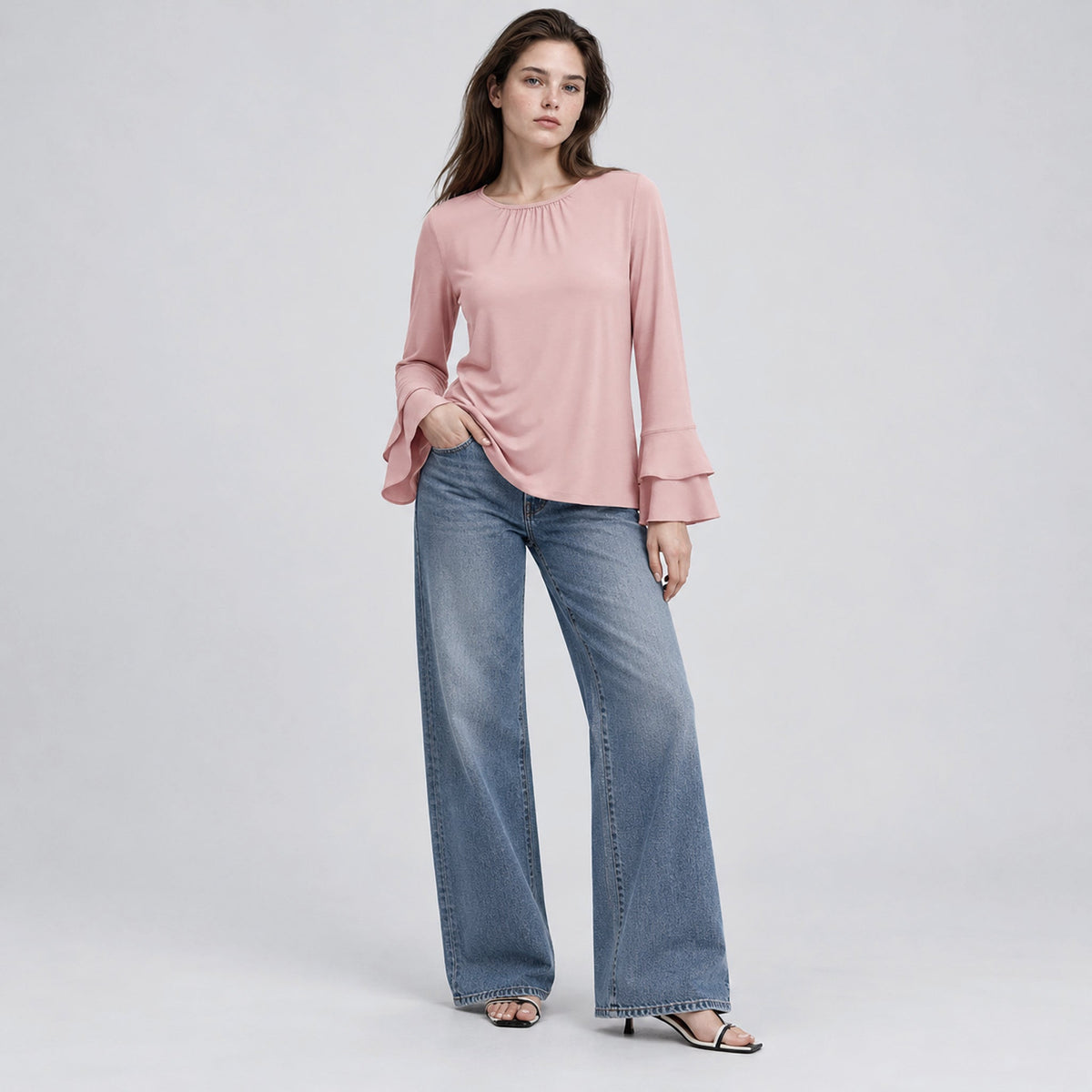 Women's Double Ruffle Bell Sleeve Tunic Top Pleated Flowy Blouse Light Pink by MAGCOMSEN