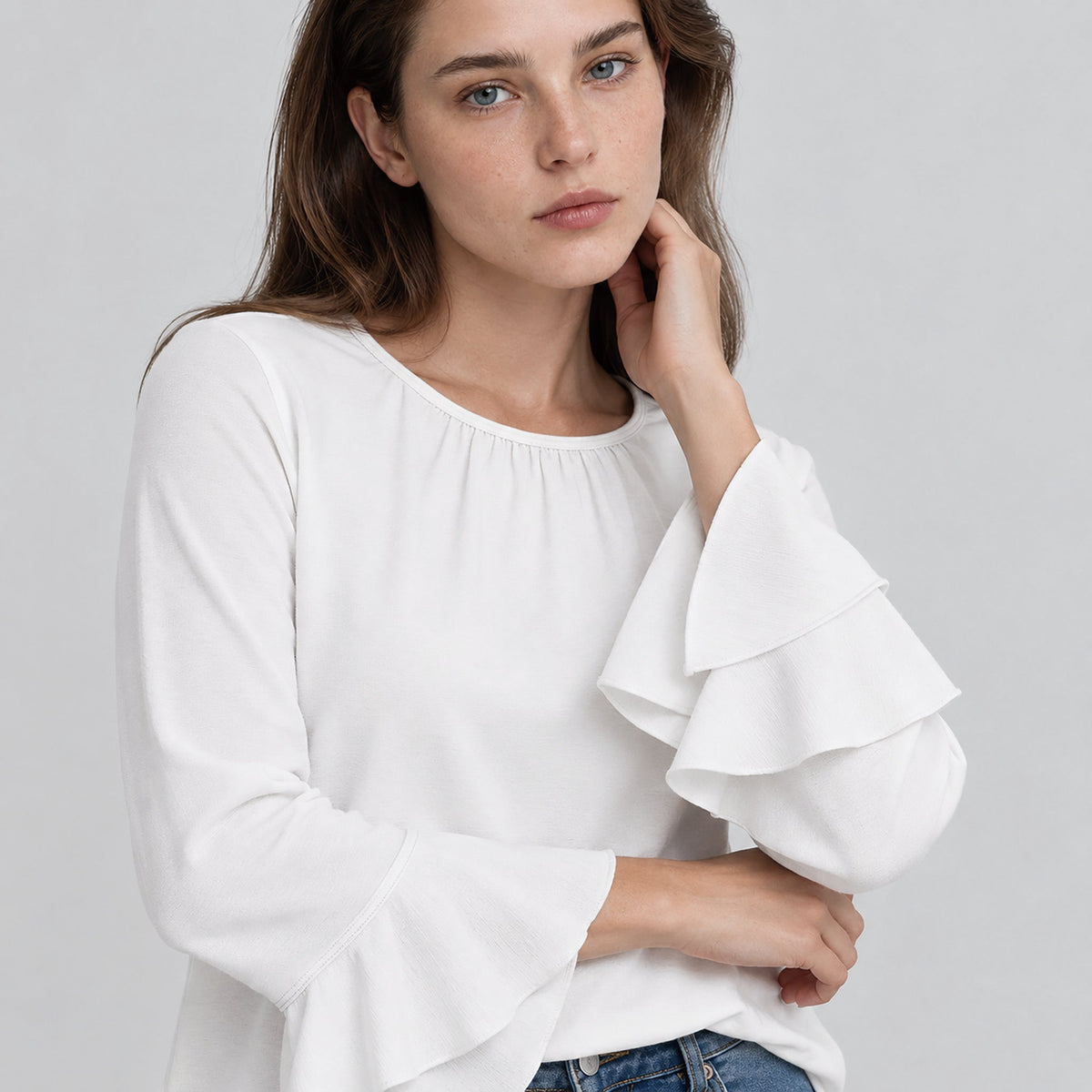 Women's Double Ruffle Bell Sleeve Tunic Top Pleated Flowy Blouse White by MAGCOMSEN