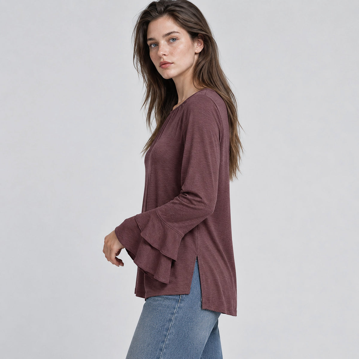 Women's Double Ruffle Bell Sleeve Tunic Top Pleated Flowy Blouse Wine Red by MAGCOMSEN