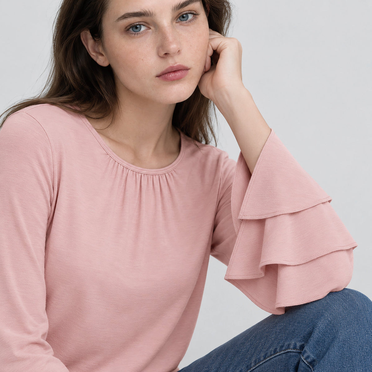 Women's Double Ruffle Bell Sleeve Tunic Top Pleated Flowy Blouse Light Pink by MAGCOMSEN