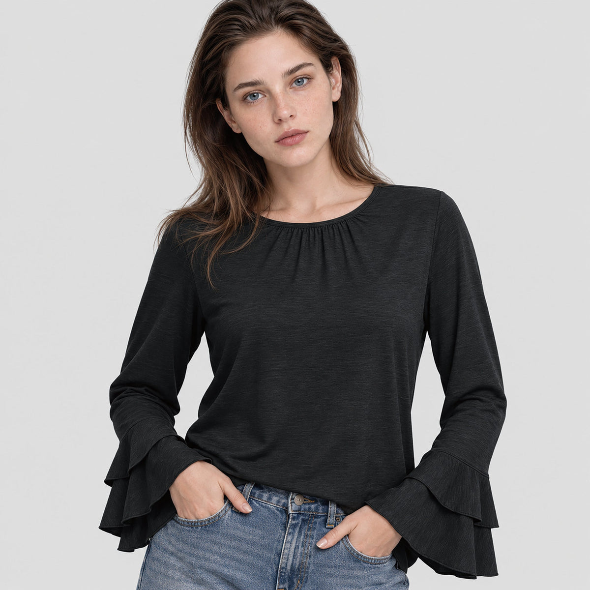 Women's Double Ruffle Bell Sleeve Tunic Top Pleated Flowy Blouse Black by MAGCOMSEN