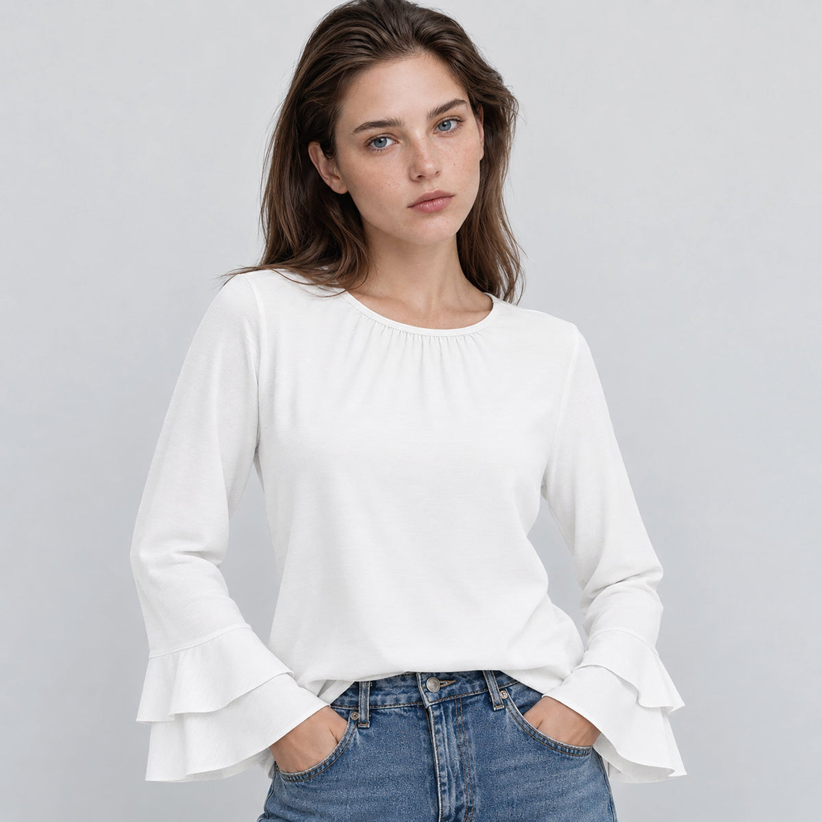 Women's Double Ruffle Bell Sleeve Tunic Top Pleated Flowy Blouse White by MAGCOMSEN