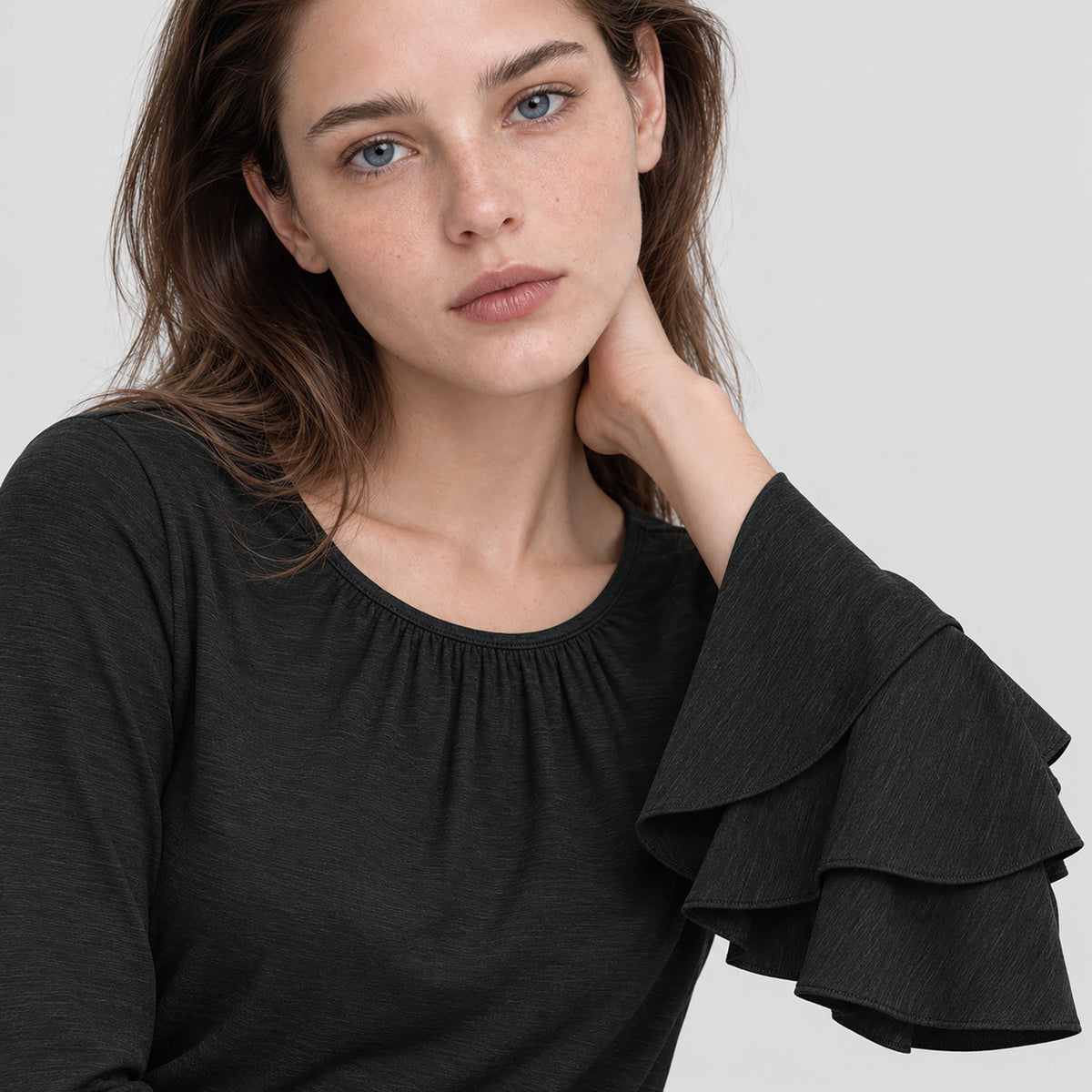 Women's Double Ruffle Bell Sleeve Tunic Top Pleated Flowy Blouse Black by MAGCOMSEN