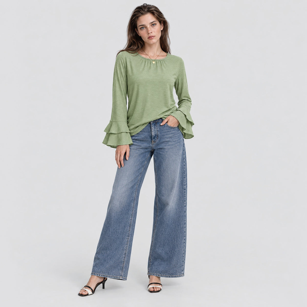 Women's Double Ruffle Bell Sleeve Tunic Top Pleated Flowy Blouse Peagreen by MAGCOMSEN