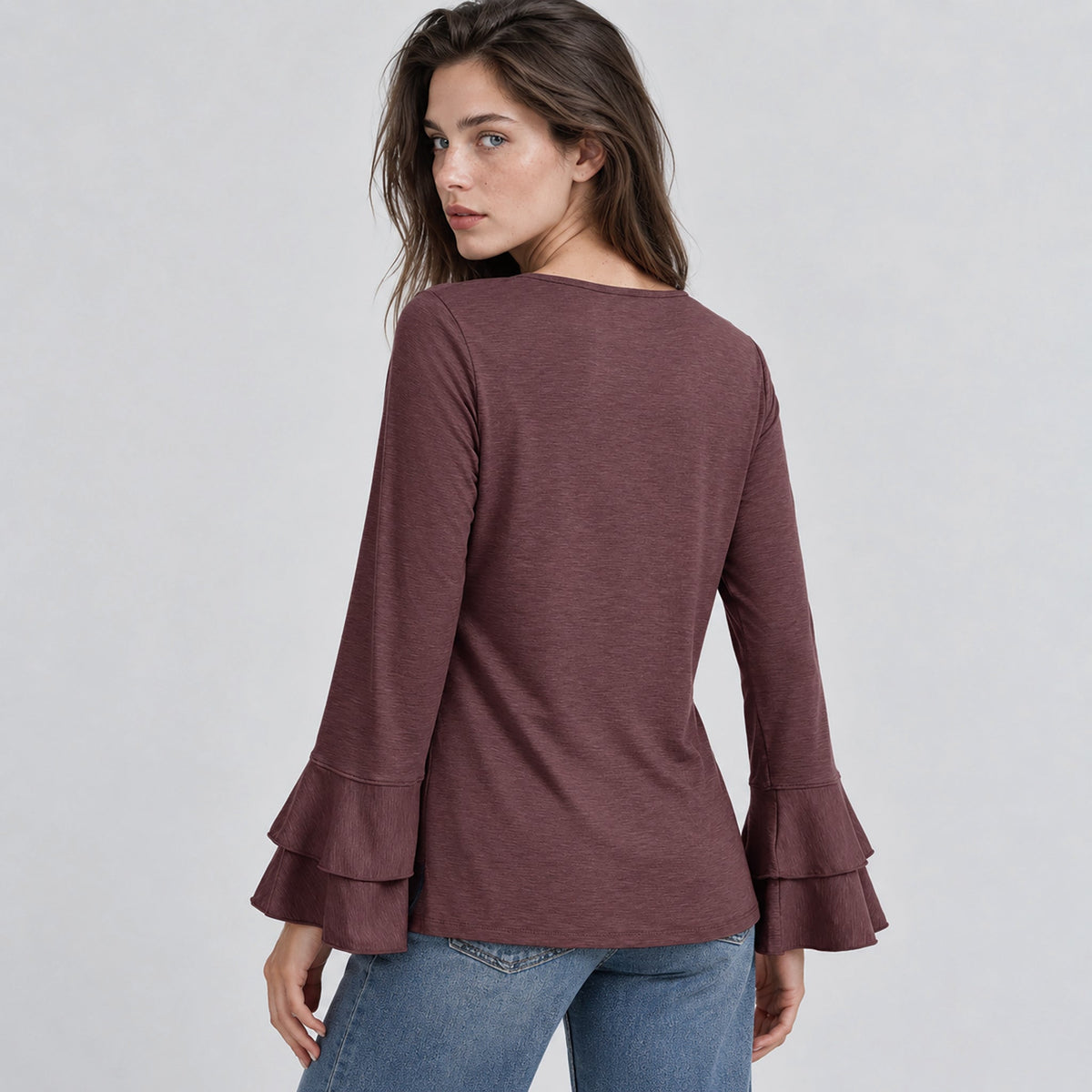 Women's Double Ruffle Bell Sleeve Tunic Top Pleated Flowy Blouse Wine Red by MAGCOMSEN