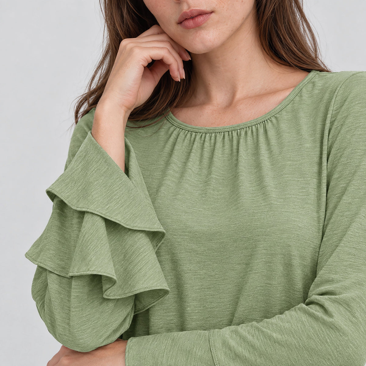 Women's Double Ruffle Bell Sleeve Tunic Top Pleated Flowy Blouse Peagreen by MAGCOMSEN