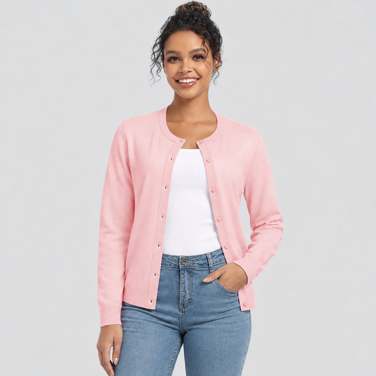 Women's Lightweight Button Front Crewneck Cardigan Light Pink by MAGCOMSEN