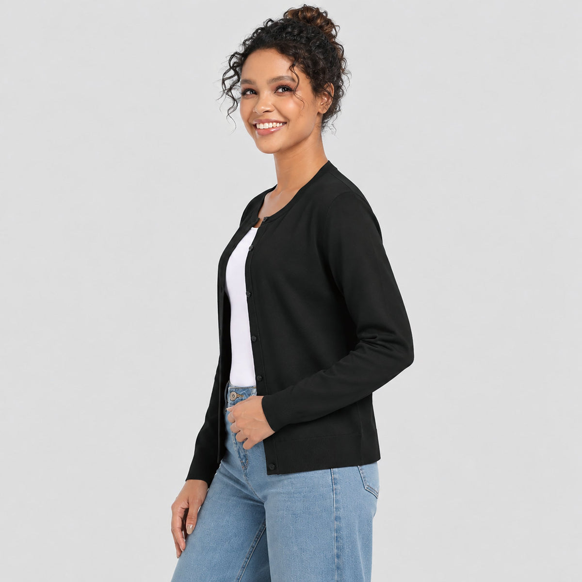 Women's Lightweight Button Front Crewneck Cardigan Black by MAGCOMSEN