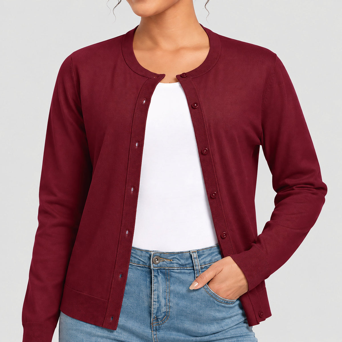 Women's Lightweight Button Front Crewneck Cardigan Wine Red by MAGCOMSEN