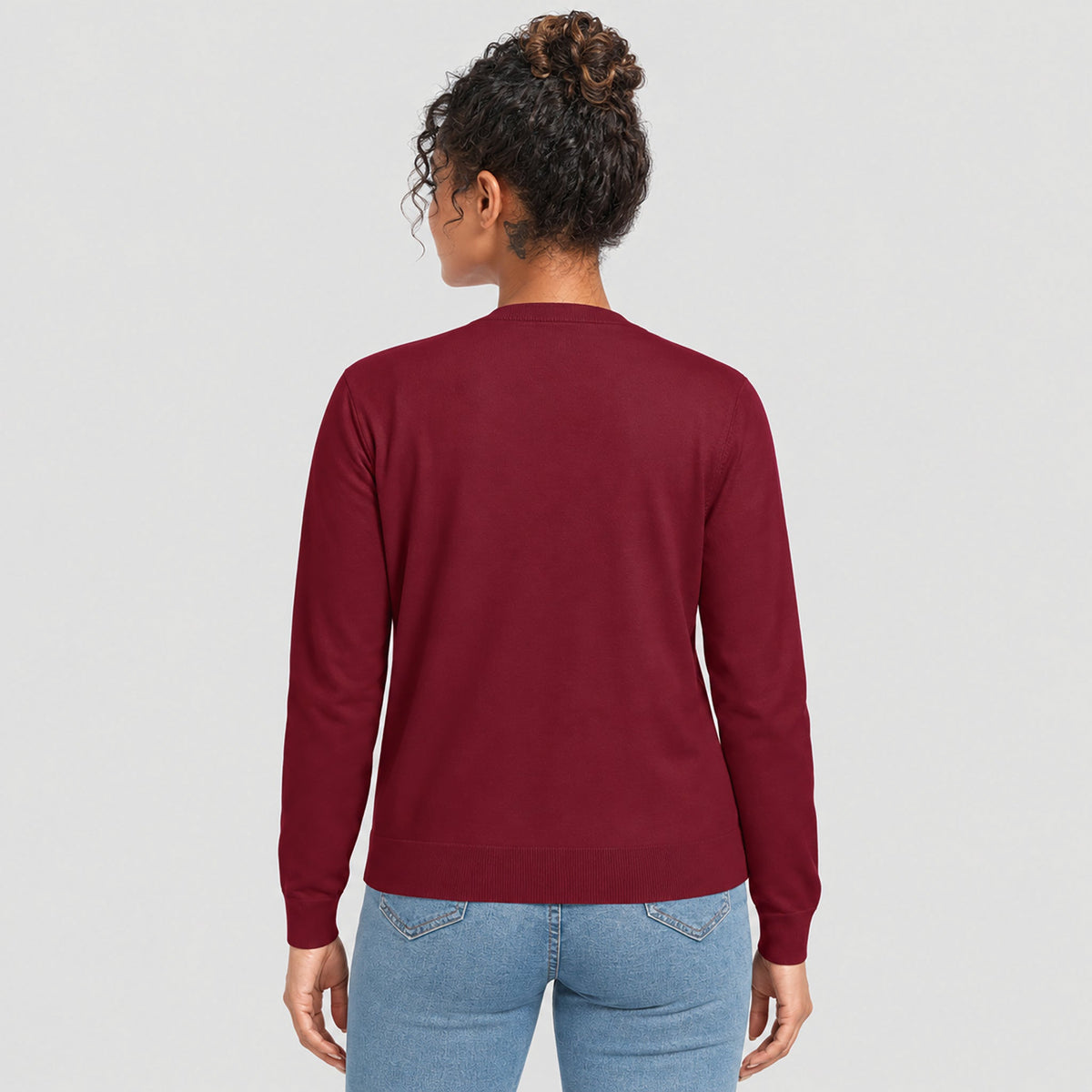 Women's Lightweight Button Front Crewneck Cardigan Wine Red by MAGCOMSEN