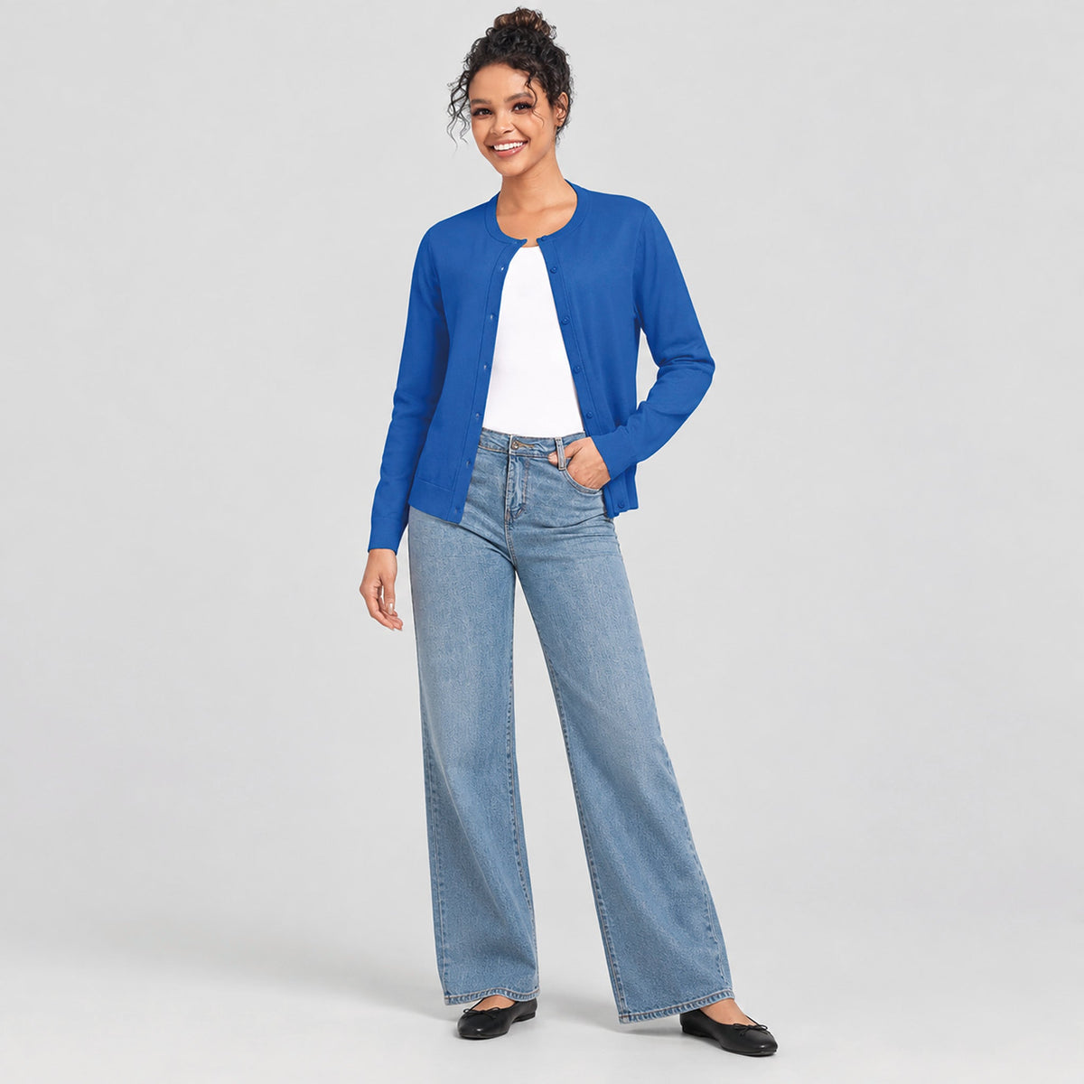 Women's Lightweight Button Front Crewneck Cardigan Blue by MAGCOMSEN