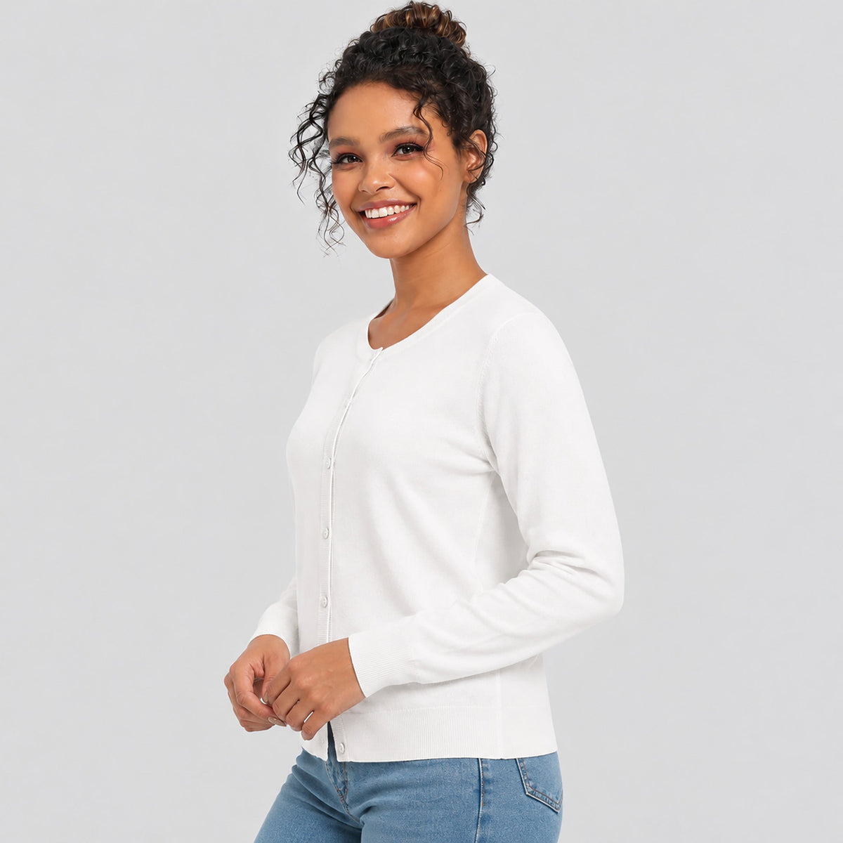 Women's Lightweight Button Front Crewneck Cardigan White by MAGCOMSEN