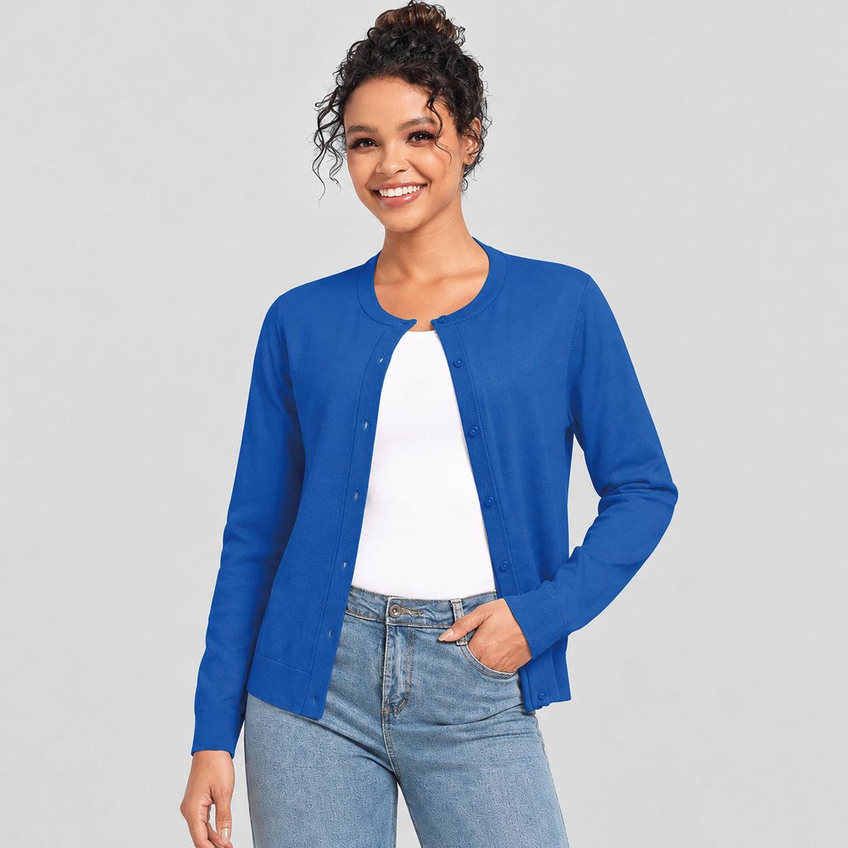 Women's Lightweight Button Front Crewneck Cardigan Blue by MAGCOMSEN