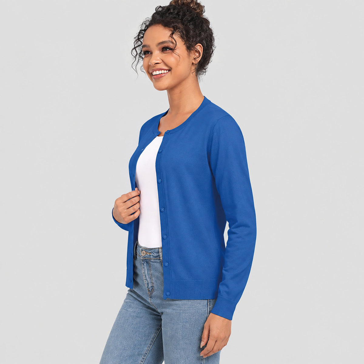 Women's Lightweight Button Front Crewneck Cardigan Blue by MAGCOMSEN