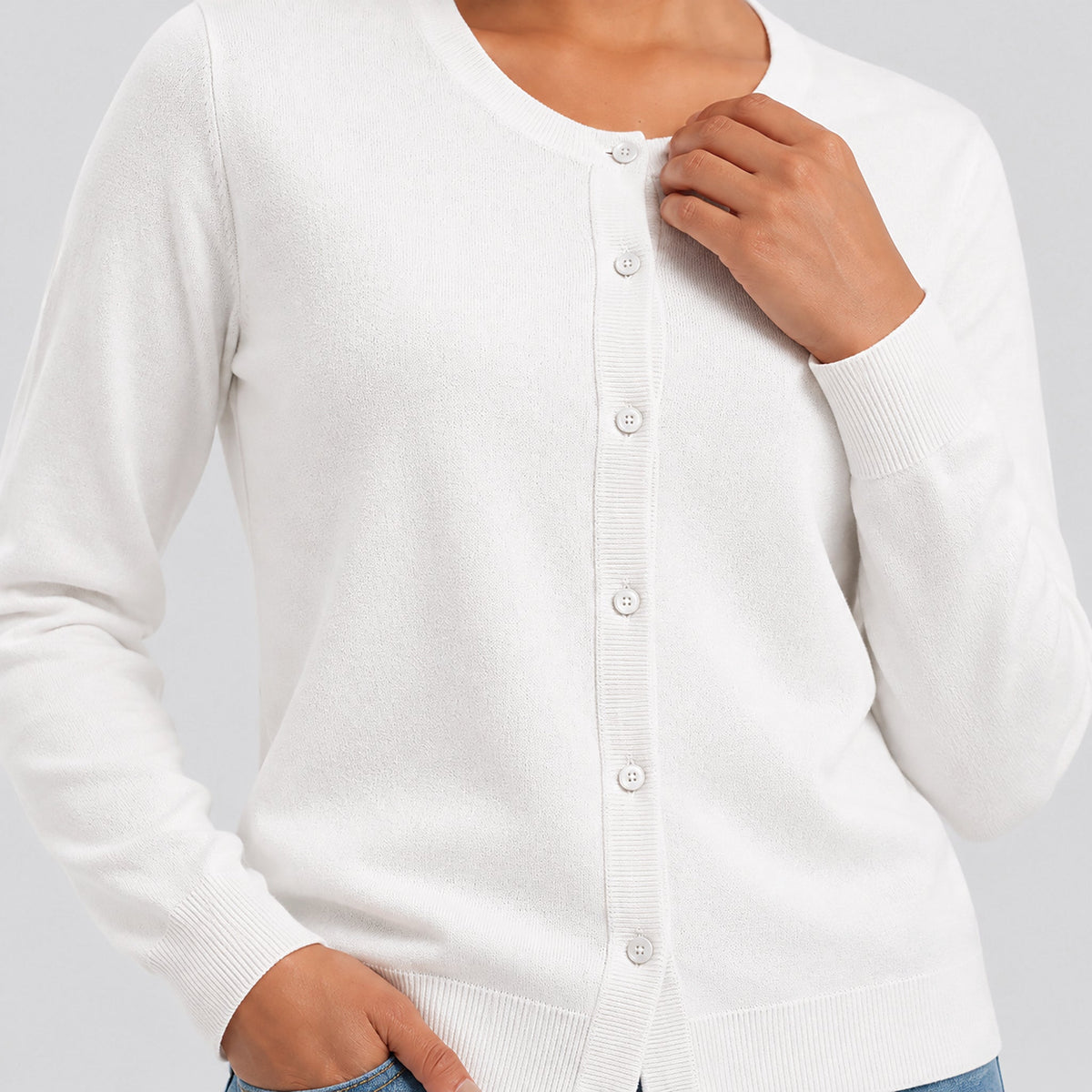 Women's Lightweight Button Front Crewneck Cardigan White by MAGCOMSEN