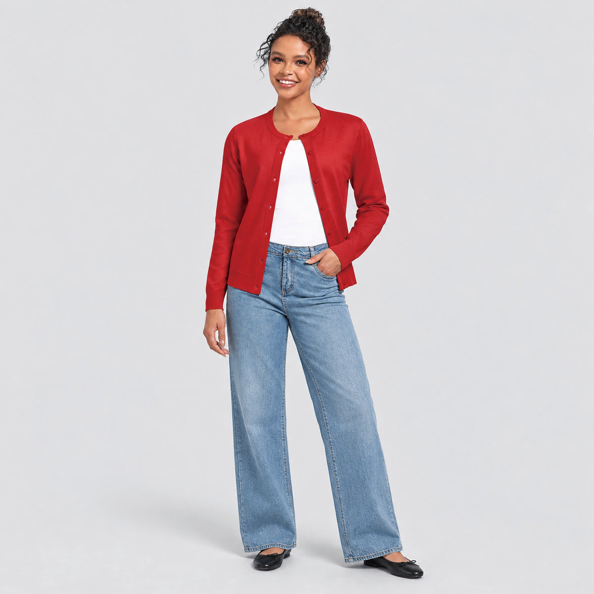 Women's Lightweight Button Front Crewneck Cardigan Tomatored by MAGCOMSEN