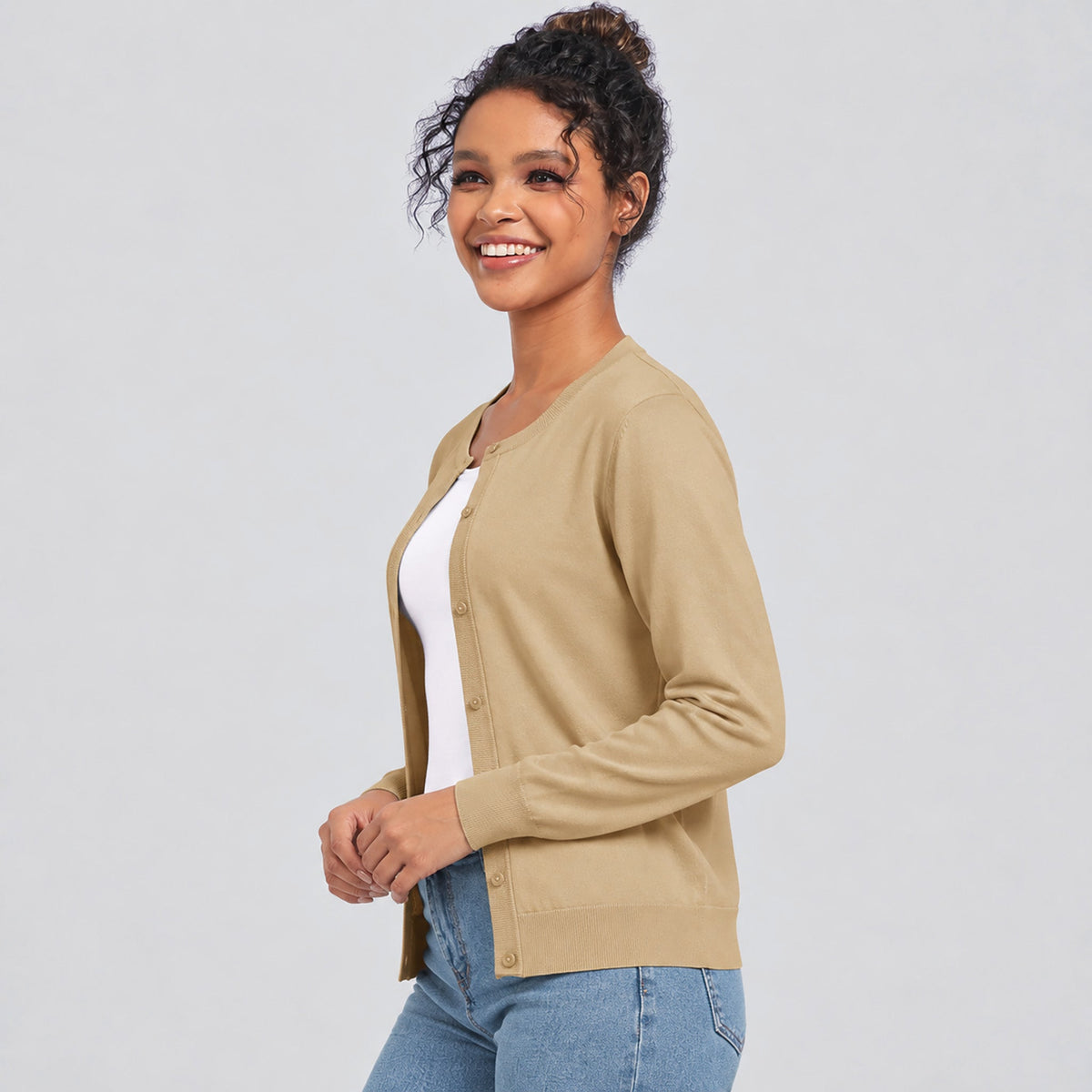 Women's Lightweight Button Front Crewneck Cardigan Apricot by MAGCOMSEN