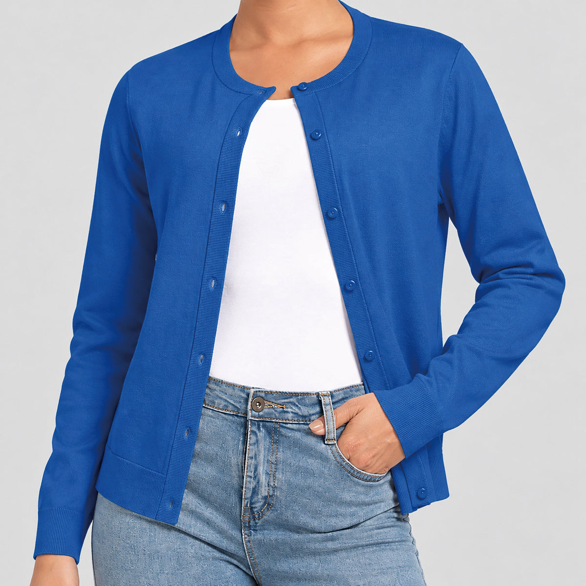 Women's Lightweight Button Front Crewneck Cardigan Blue by MAGCOMSEN
