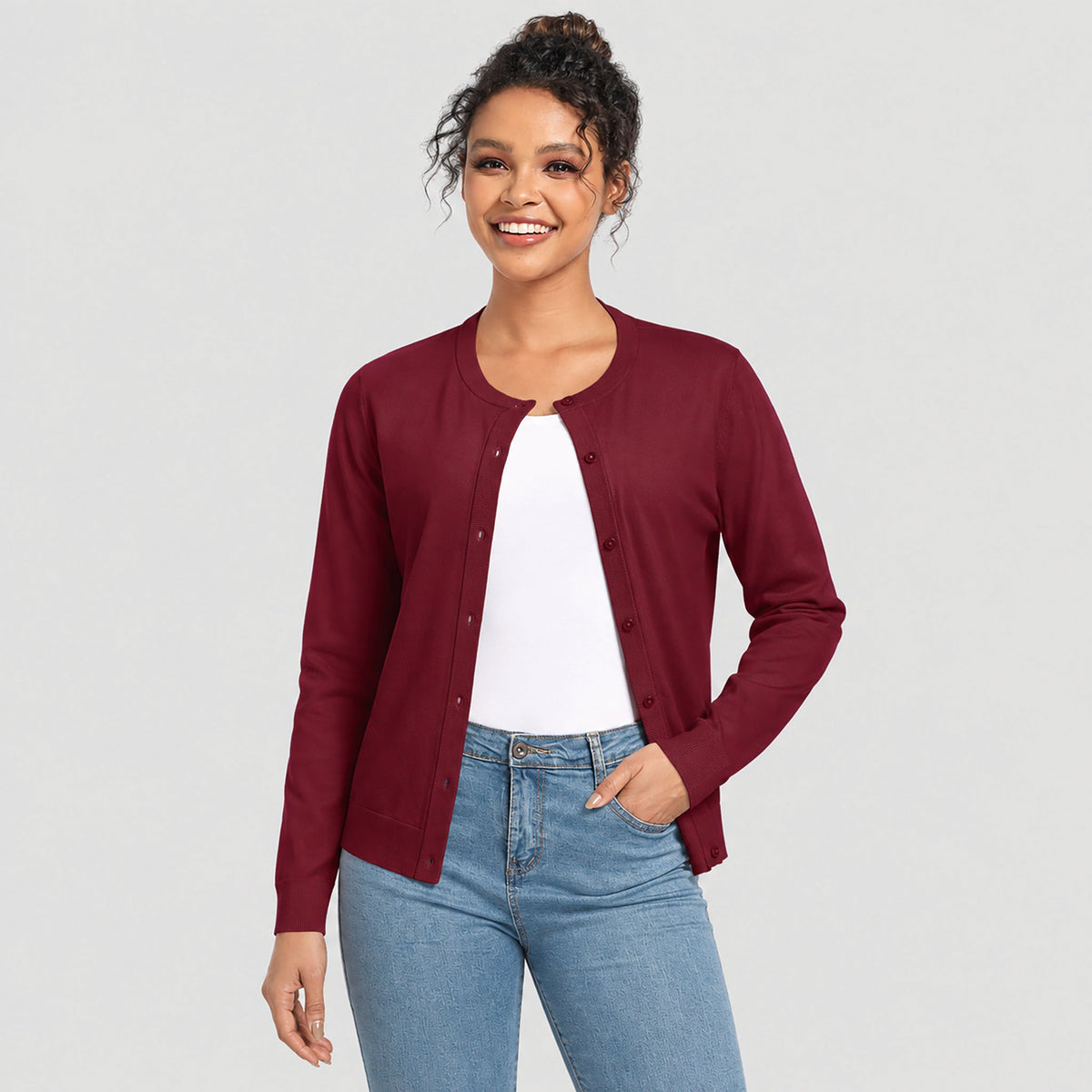 Women's Lightweight Button Front Crewneck Cardigan Wine Red by MAGCOMSEN