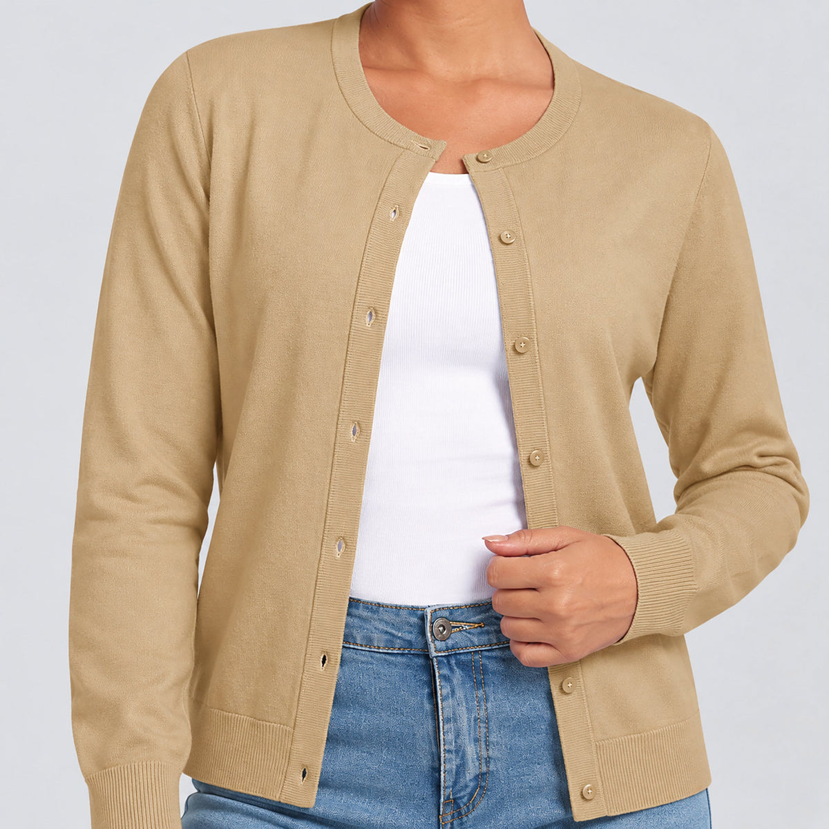 Women's Lightweight Button Front Crewneck Cardigan Apricot by MAGCOMSEN