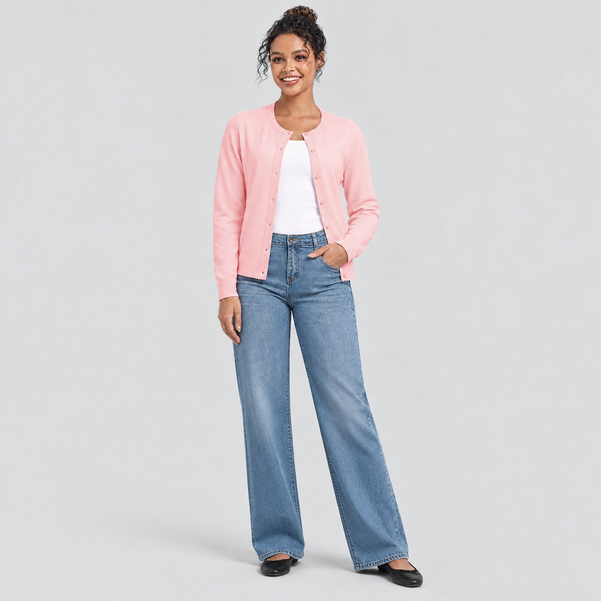 Women's Lightweight Button Front Crewneck Cardigan Light Pink by MAGCOMSEN