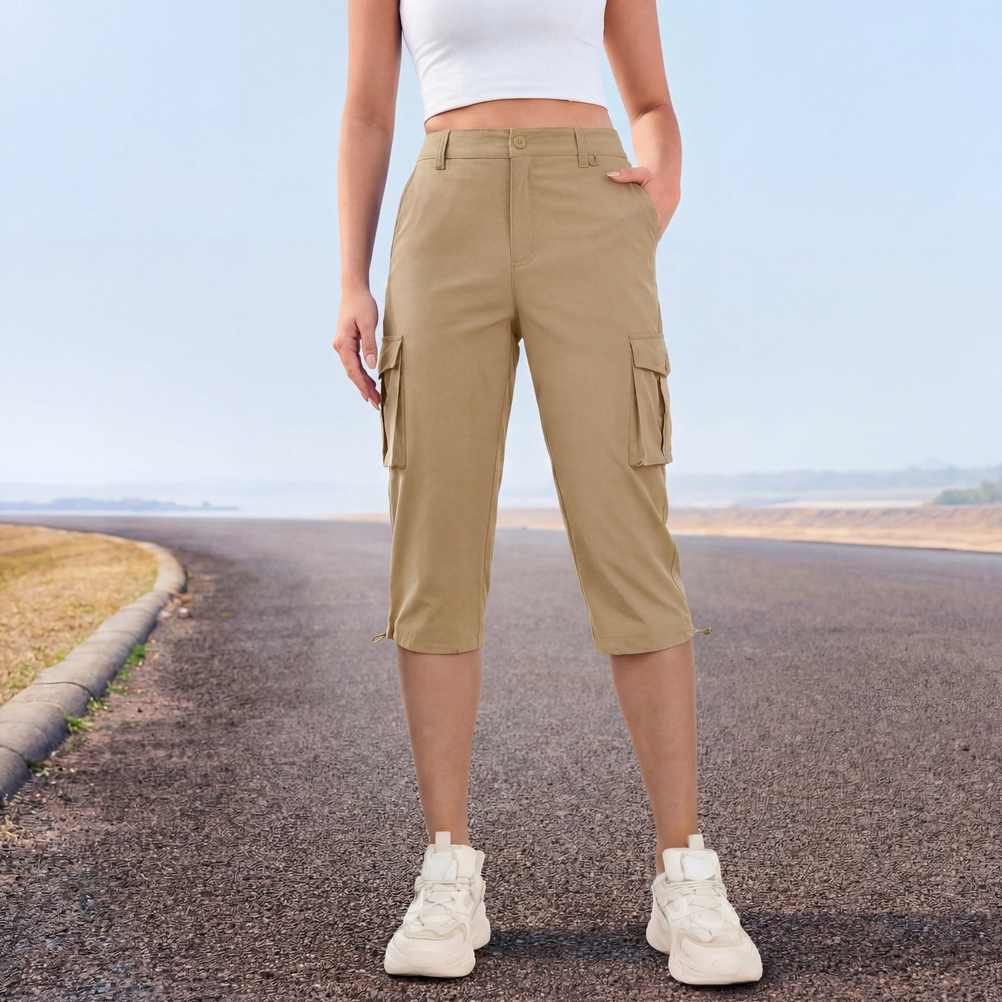 Women's Lightweight Cargo Capris with 6 Pockets Light Grey by MAGCOMSEN #Color_Khaki