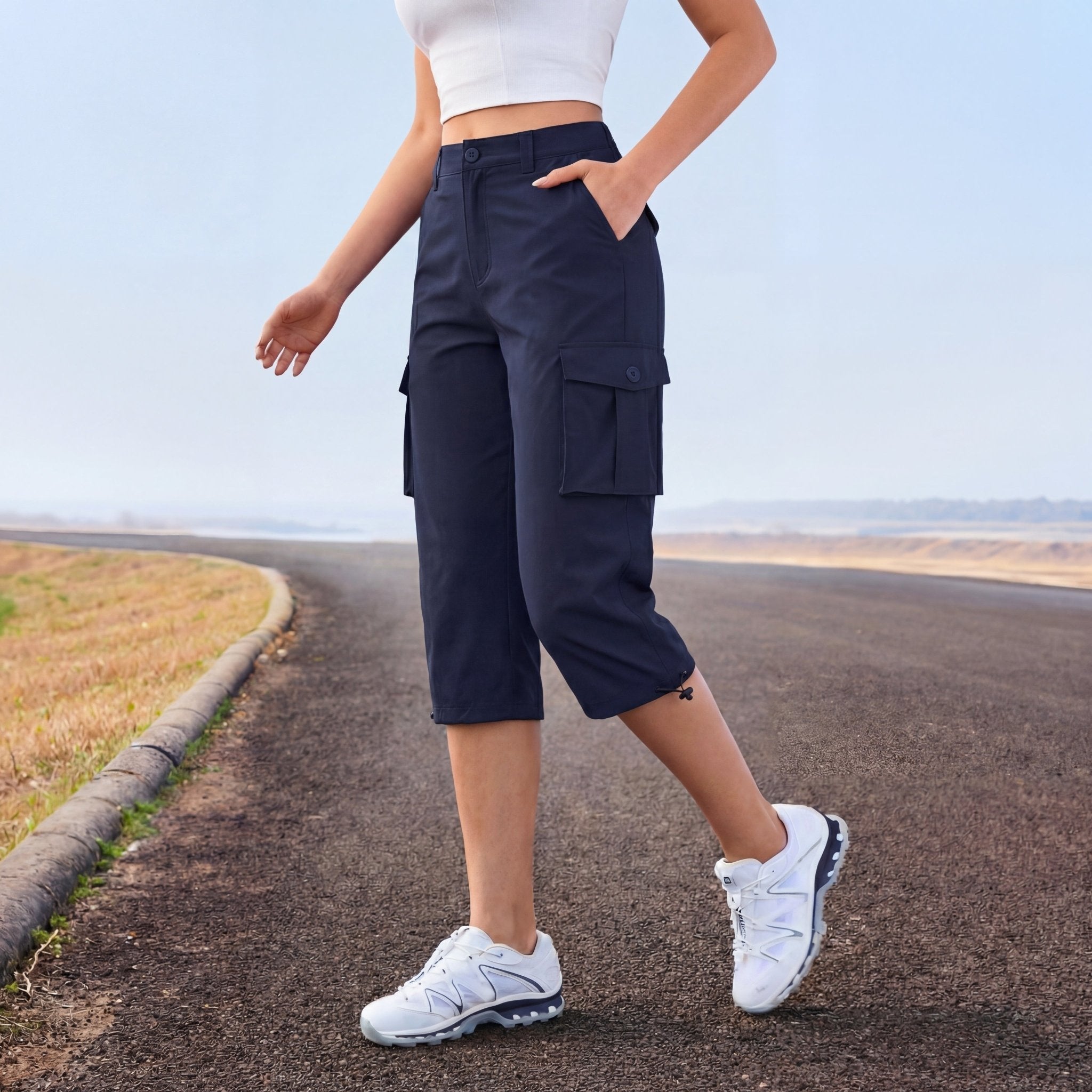 Women's Lightweight Cargo Capris with 6 Pockets Light Grey by MAGCOMSEN #Color_Navy