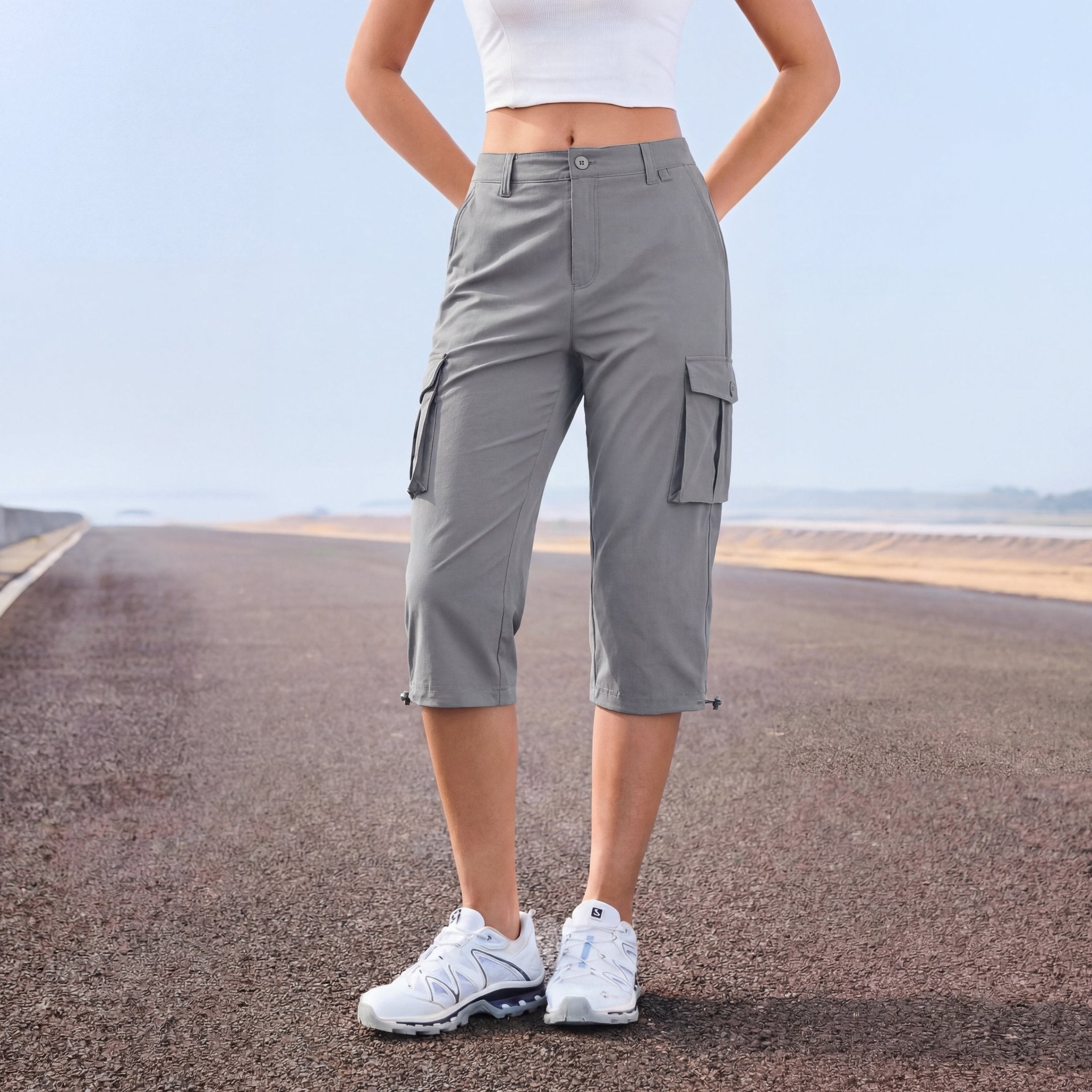 Women's Lightweight Cargo Capris with 6 Pockets Light Grey by MAGCOMSEN #Color_Light Grey