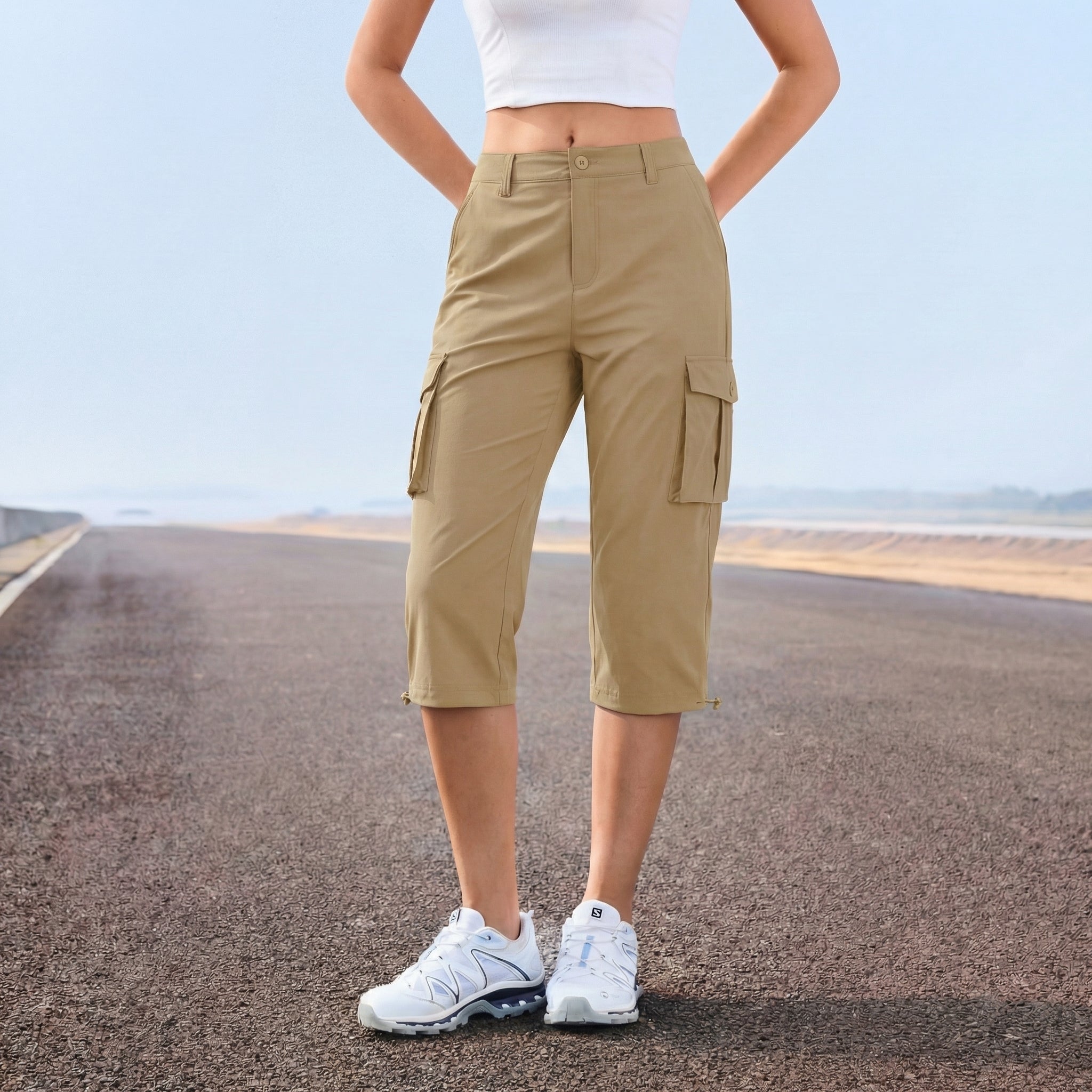 Women's Lightweight Cargo Capris with 6 Pockets Light Grey by MAGCOMSEN #Color_Khaki