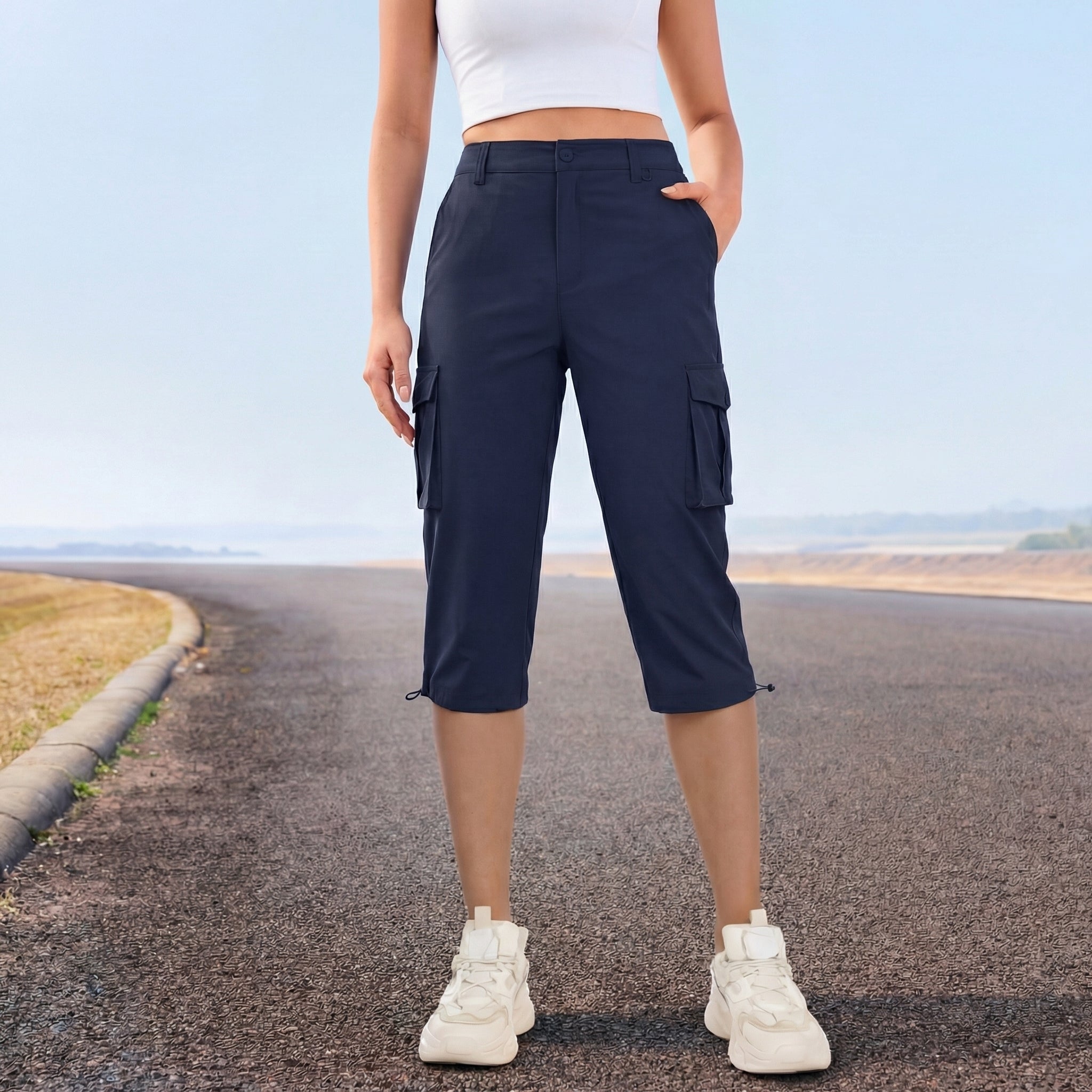 Women's Lightweight Cargo Capris with 6 Pockets Light Grey by MAGCOMSEN #Color_Navy