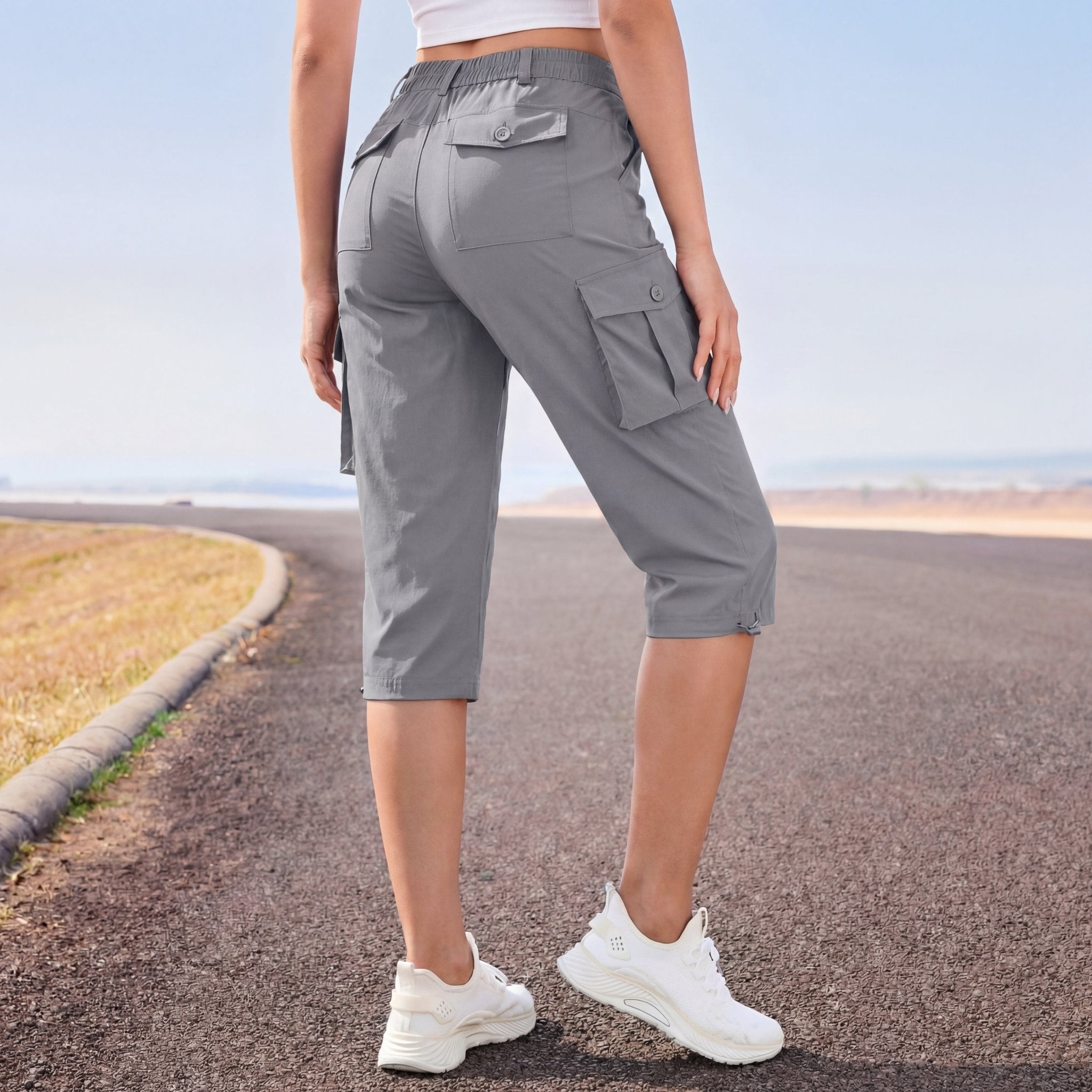 Women's Lightweight Cargo Capris with 6 Pockets Light Grey by MAGCOMSEN #Color_Light Grey