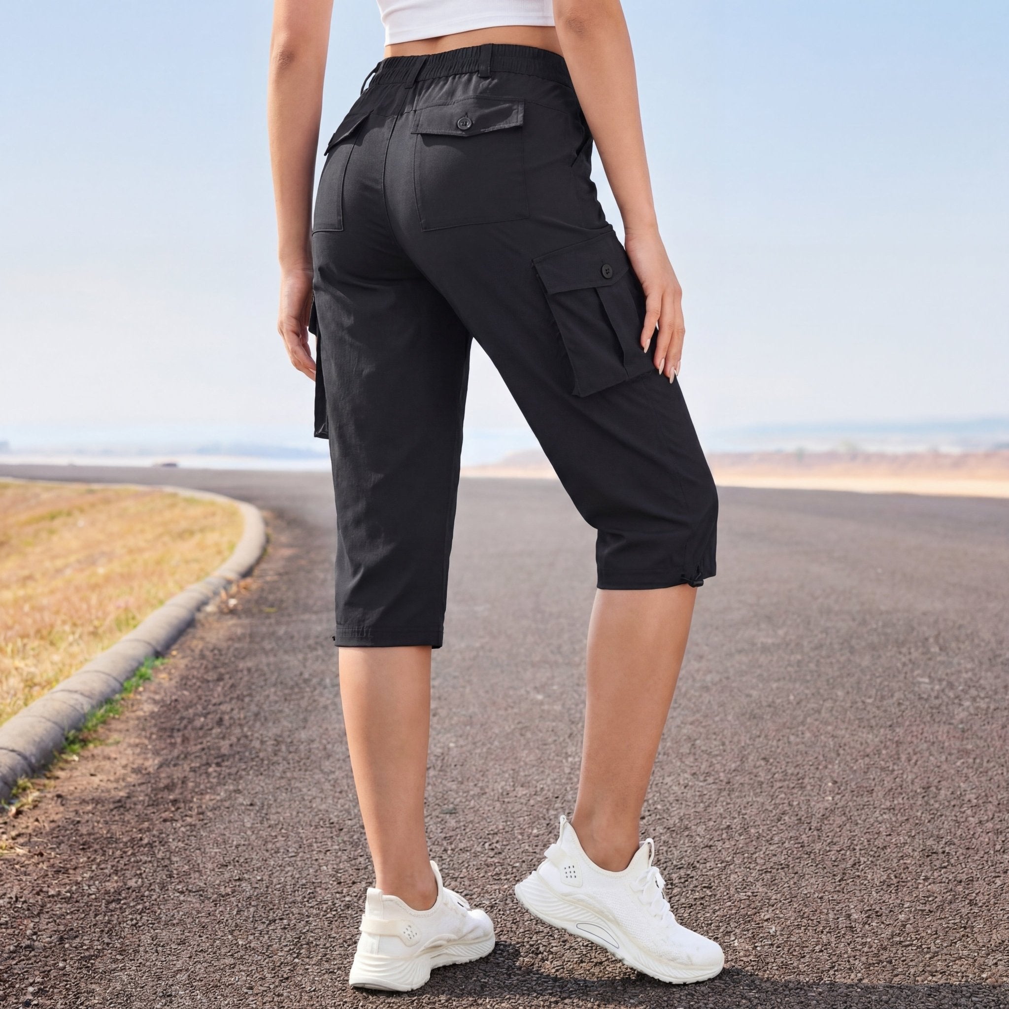 Women's Lightweight Cargo Capris with 6 Pockets Light Grey by MAGCOMSEN #Color_Black