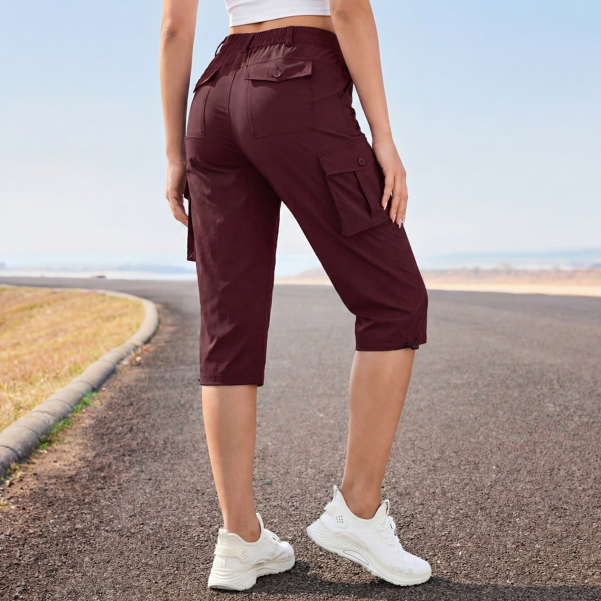 Women's Lightweight Cargo Capris with 6 Pockets Light Grey by MAGCOMSEN #Color_Wine Red