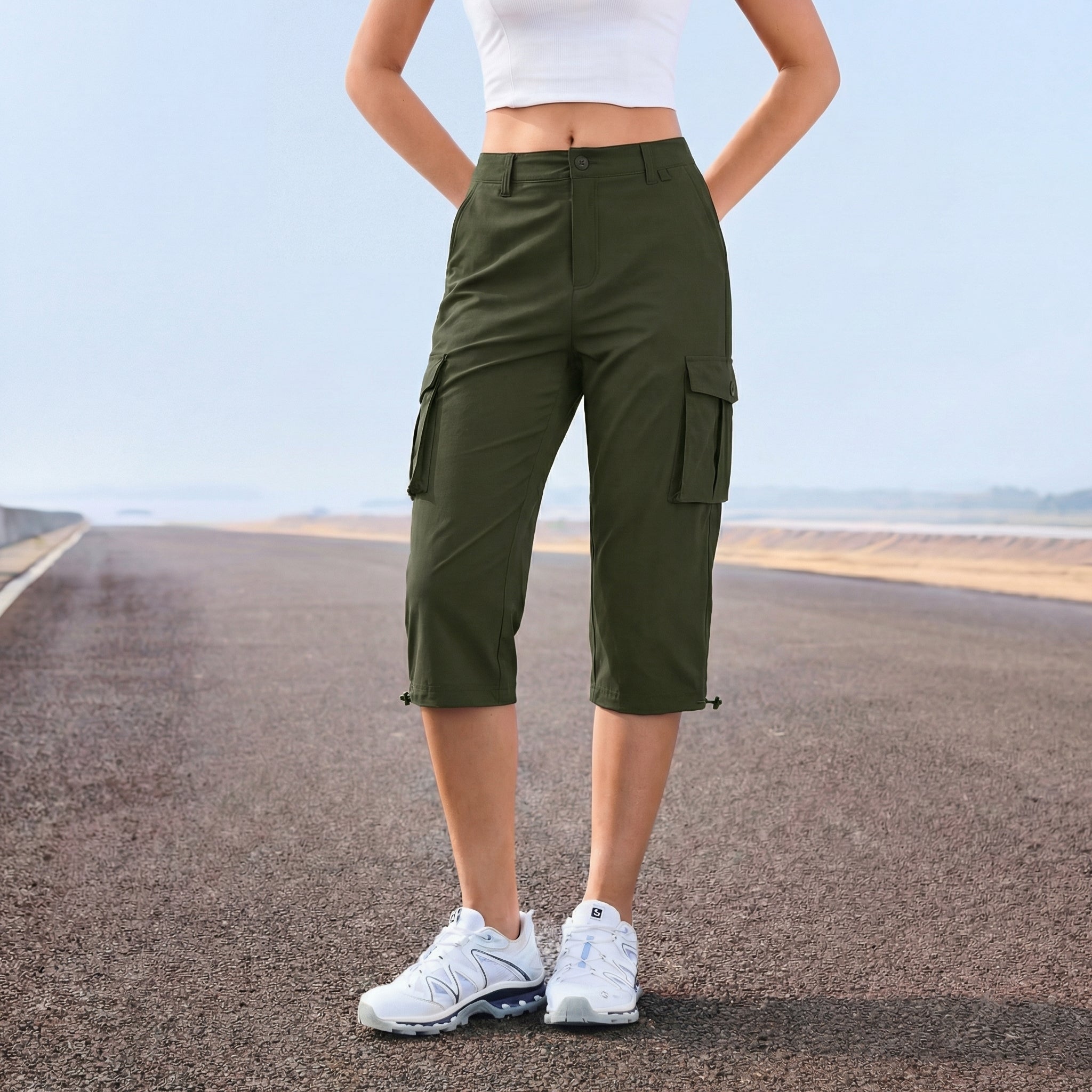 Women's Lightweight Cargo Capris with 6 Pockets Light Grey by MAGCOMSEN #Color_Army Green